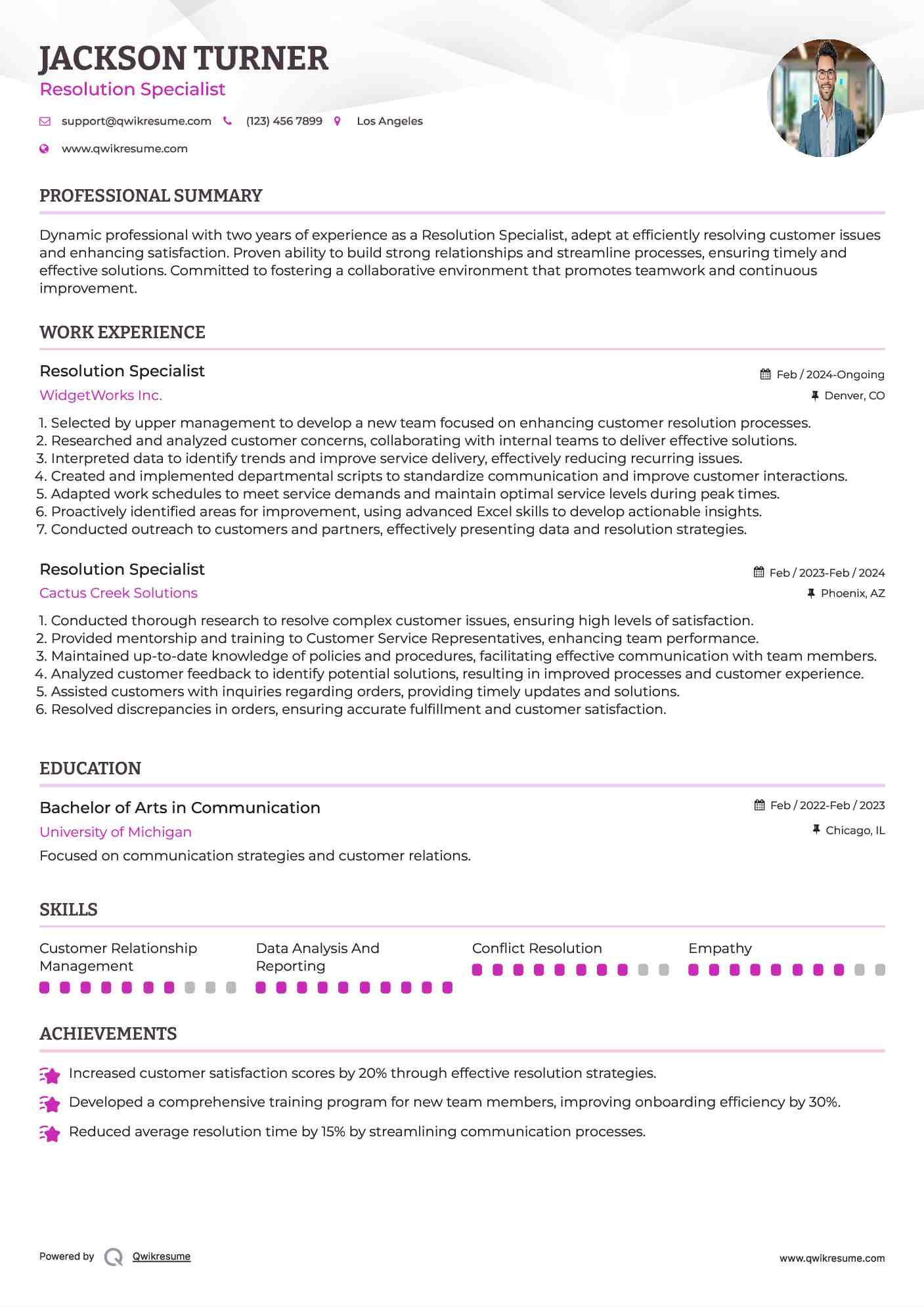 Resolution Specialist Resume Template