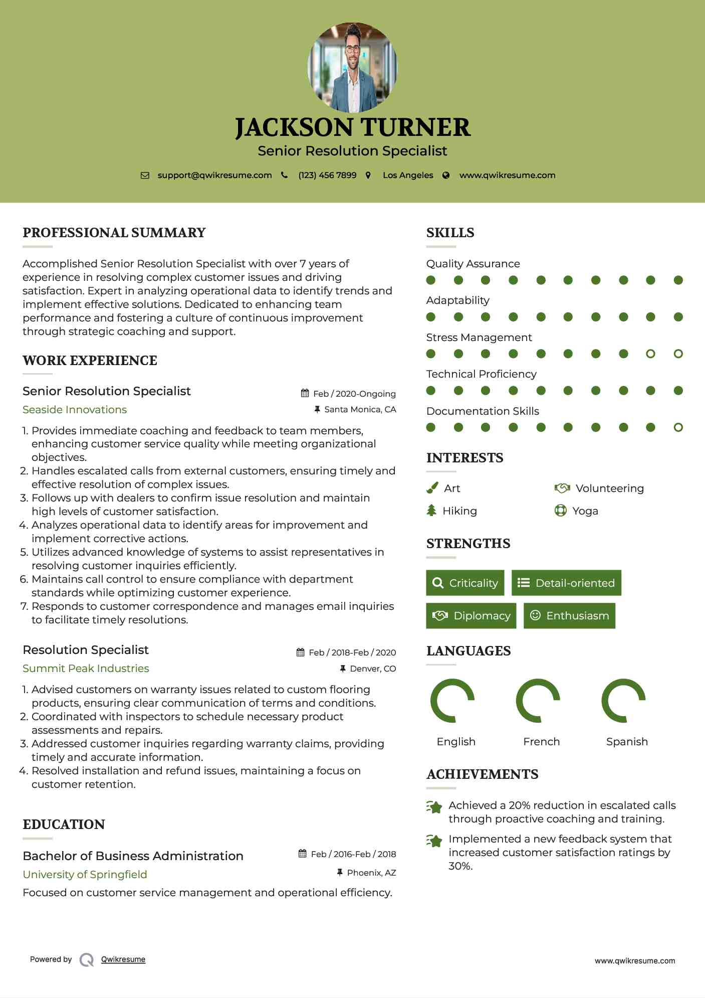 Senior Resolution Specialist Resume Format