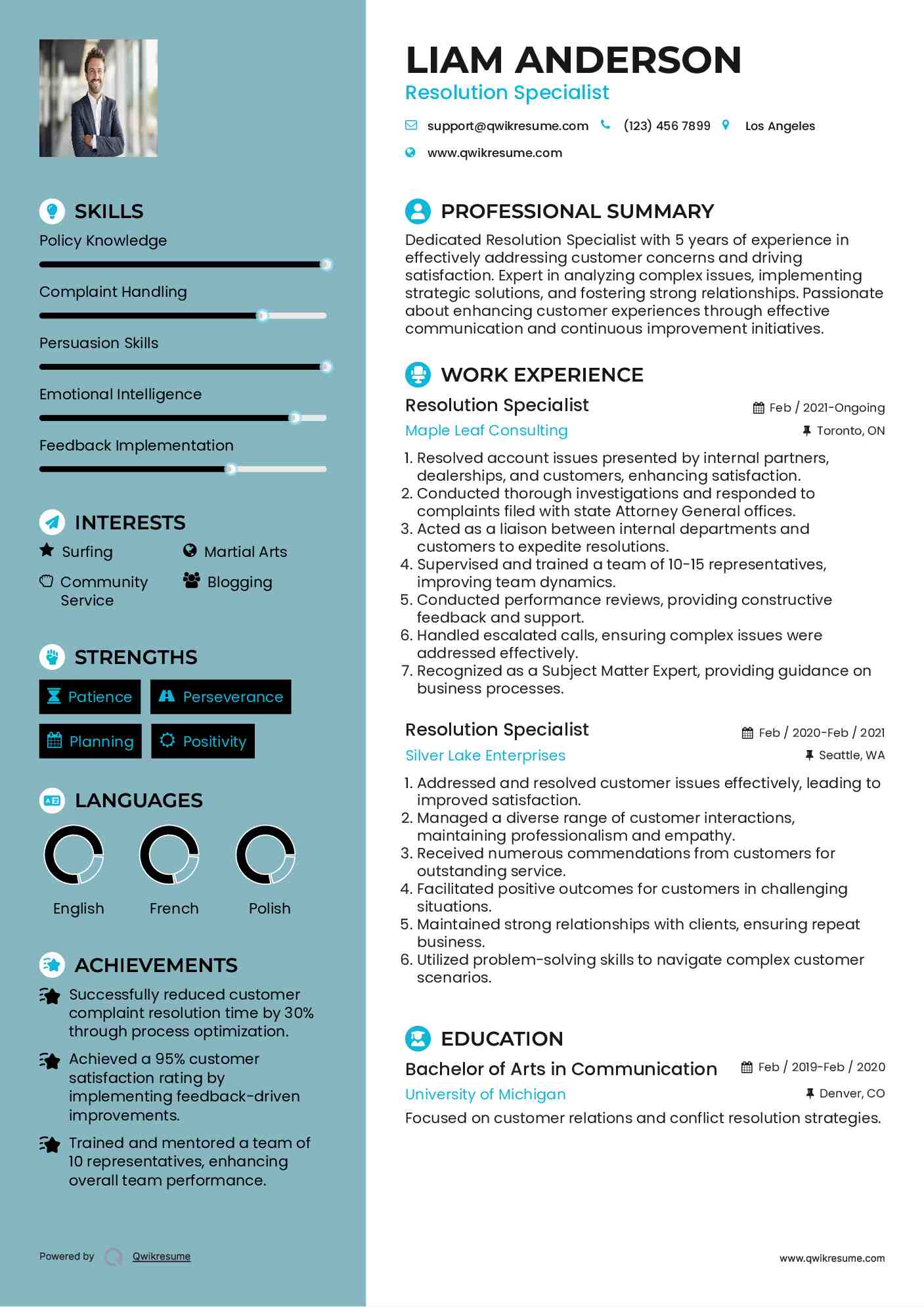 Resolution Specialist Resume Sample