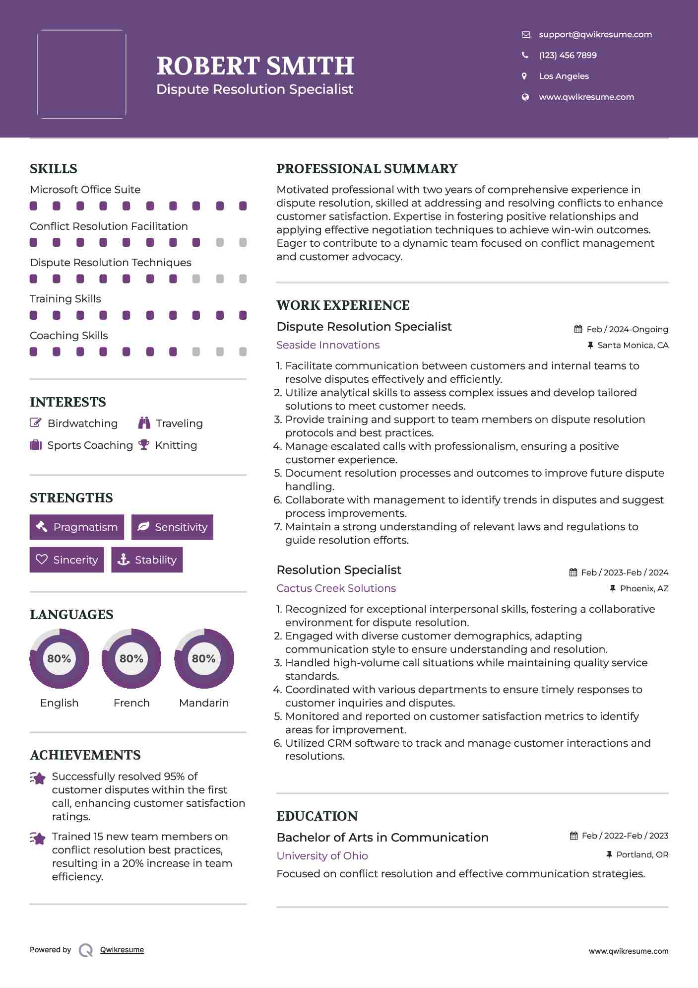 Dispute Resolution Specialist Resume Format
