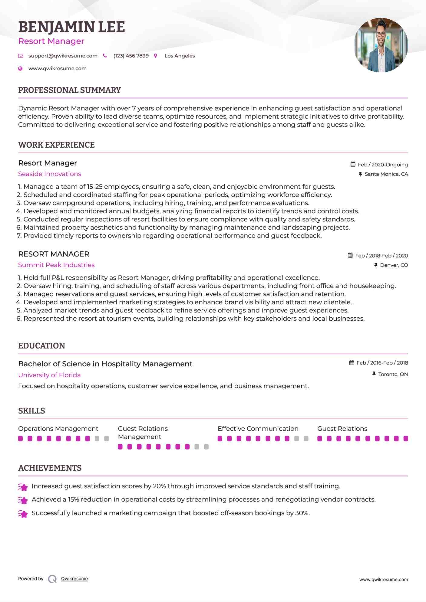 Resort Manager Resume Format