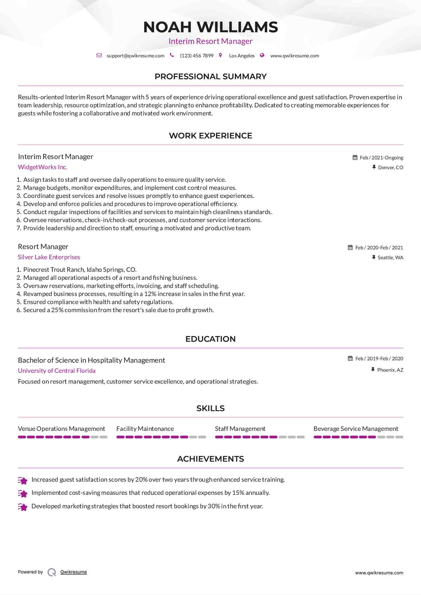 Interim Resort Manager Resume Model