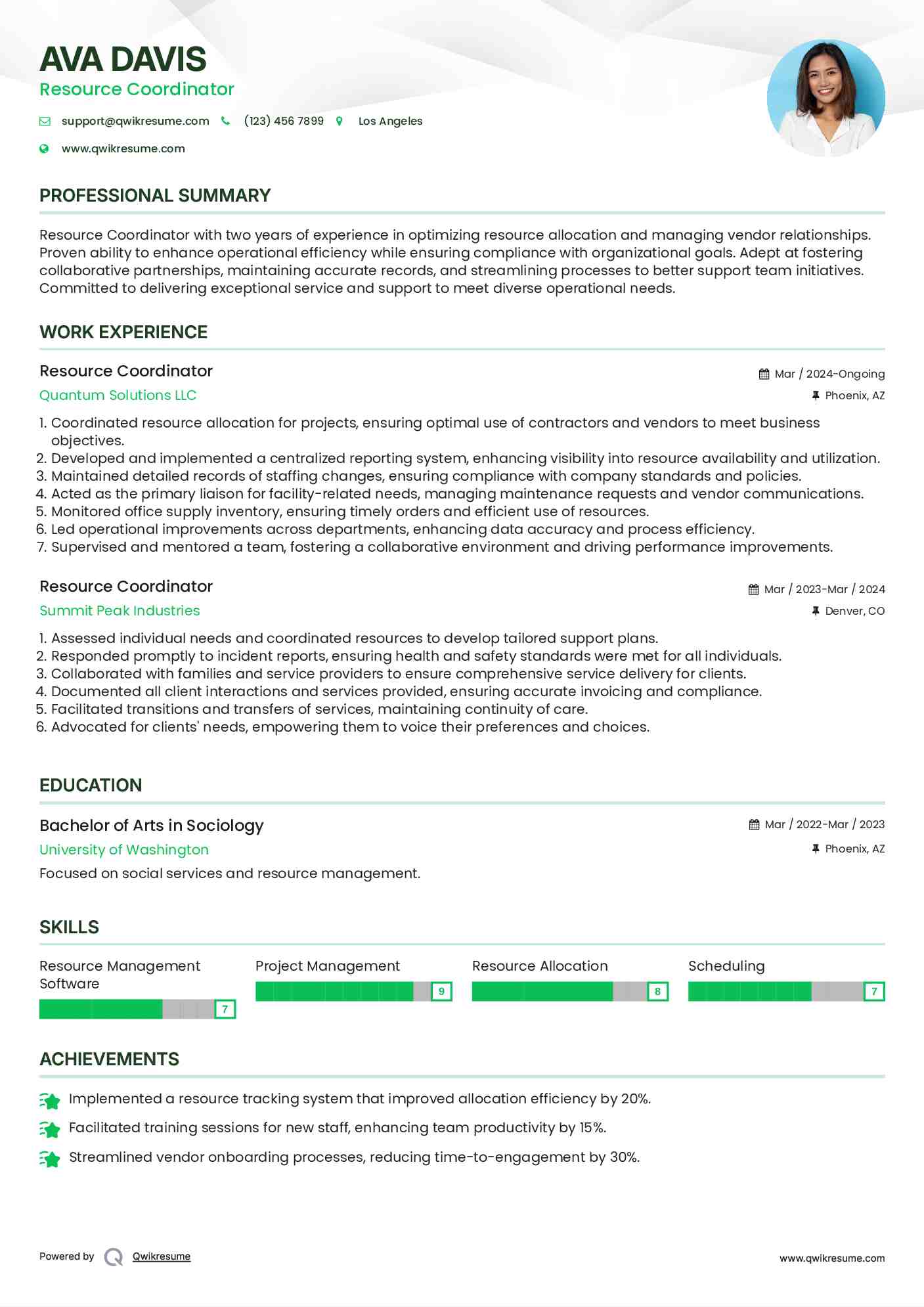 Resource Coordinator Resume Model