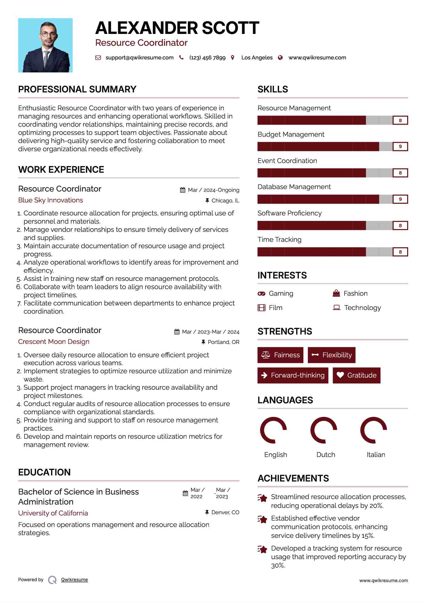 Resource Coordinator Resume Sample