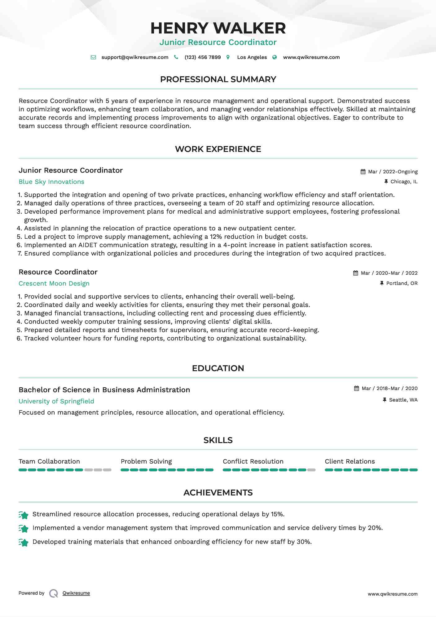 Junior Resource Coordinator  Resume Example