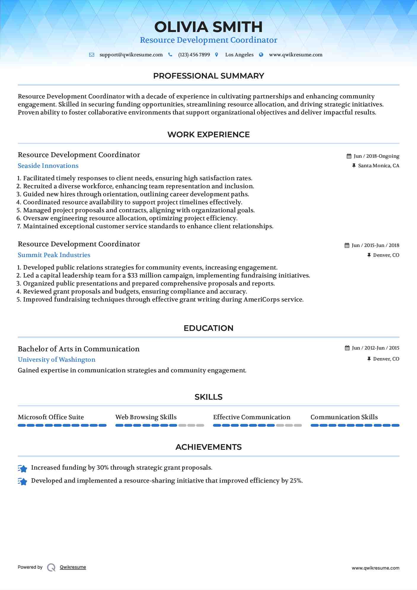 Resource Development Coordinator Resume Sample