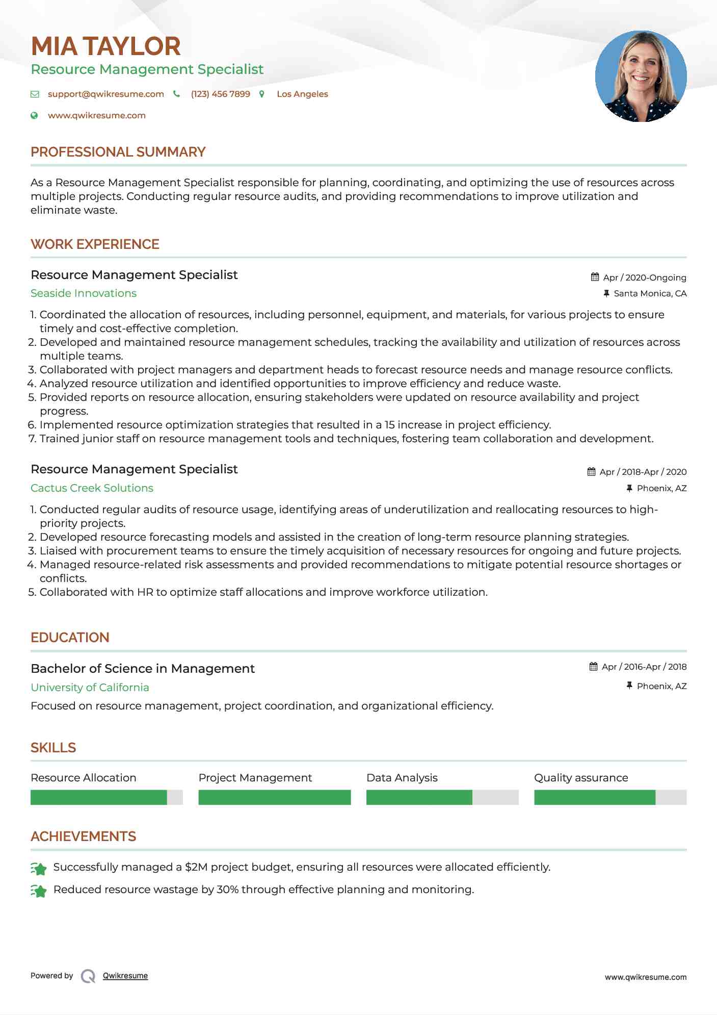 Resource Management Specialist Resume Sample
