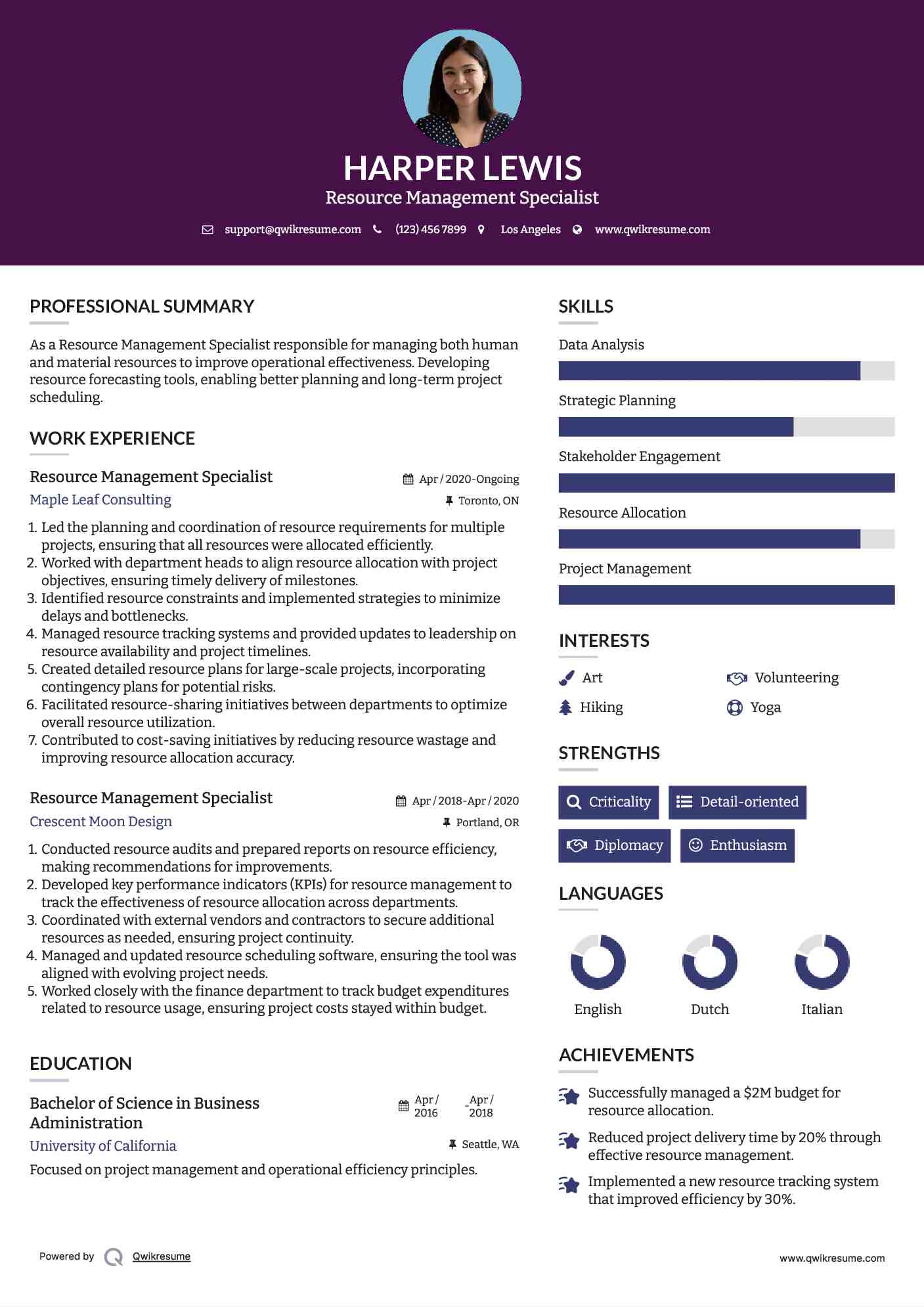 Resource Management Specialist Resume Template