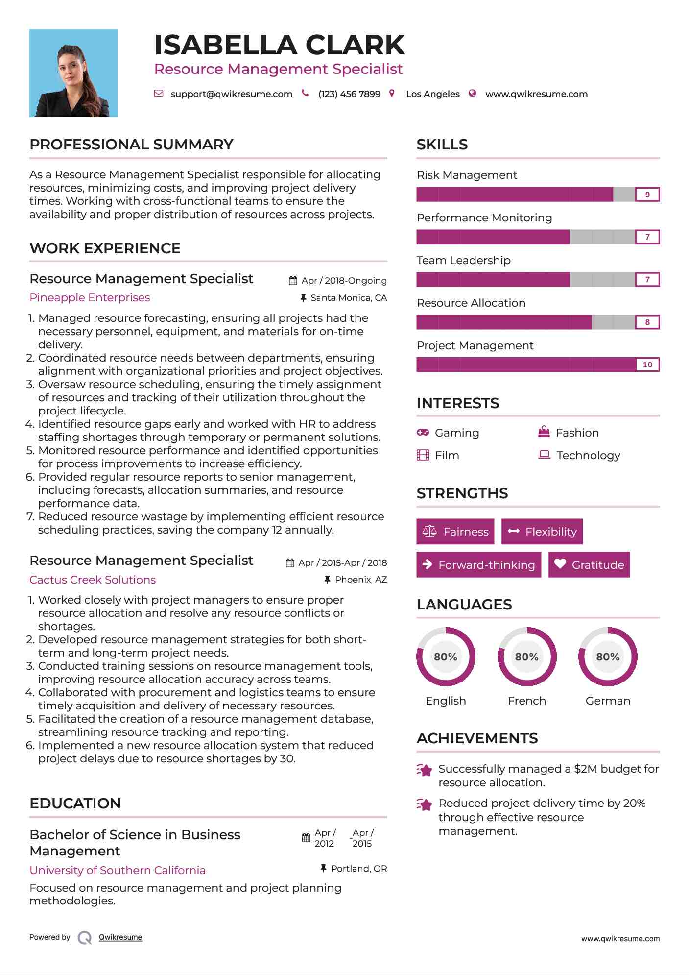 Resource Management Specialist Resume Sample