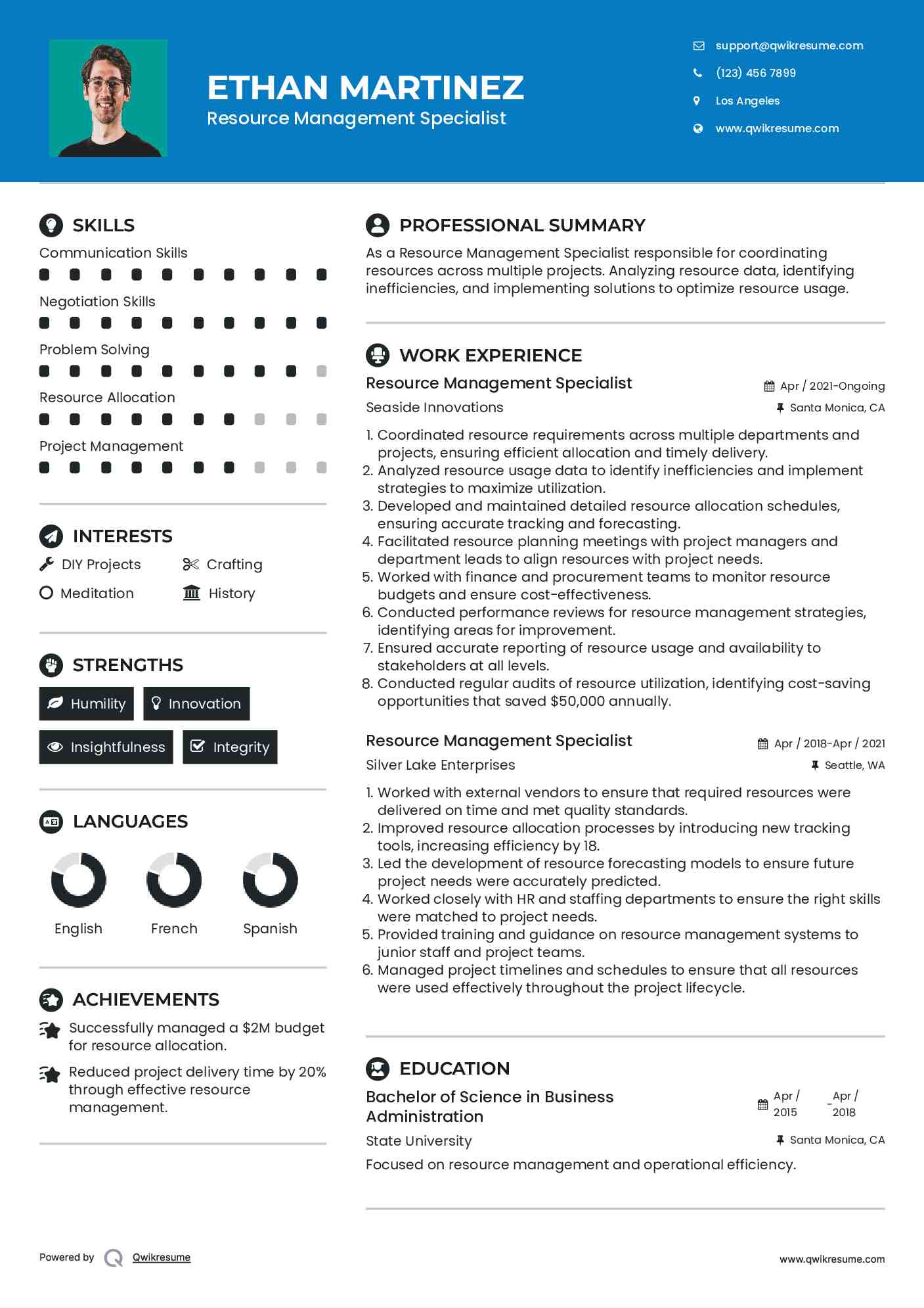 Resource Management Specialist Resume Sample