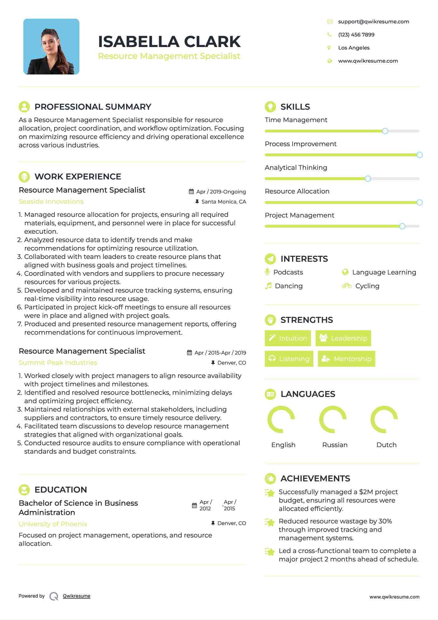 Resource Management Specialist Resume Model