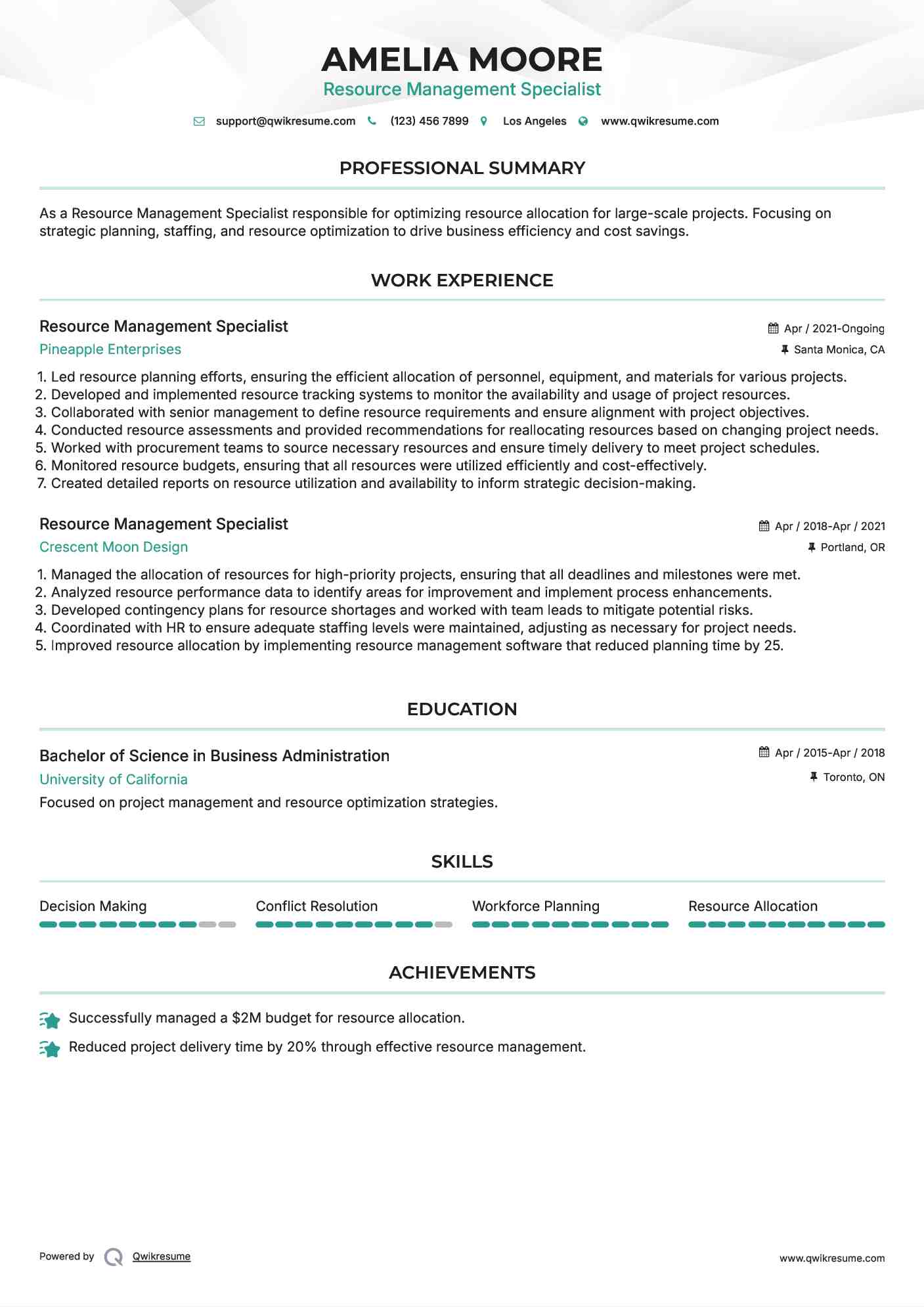Resource Management Specialist Resume Template