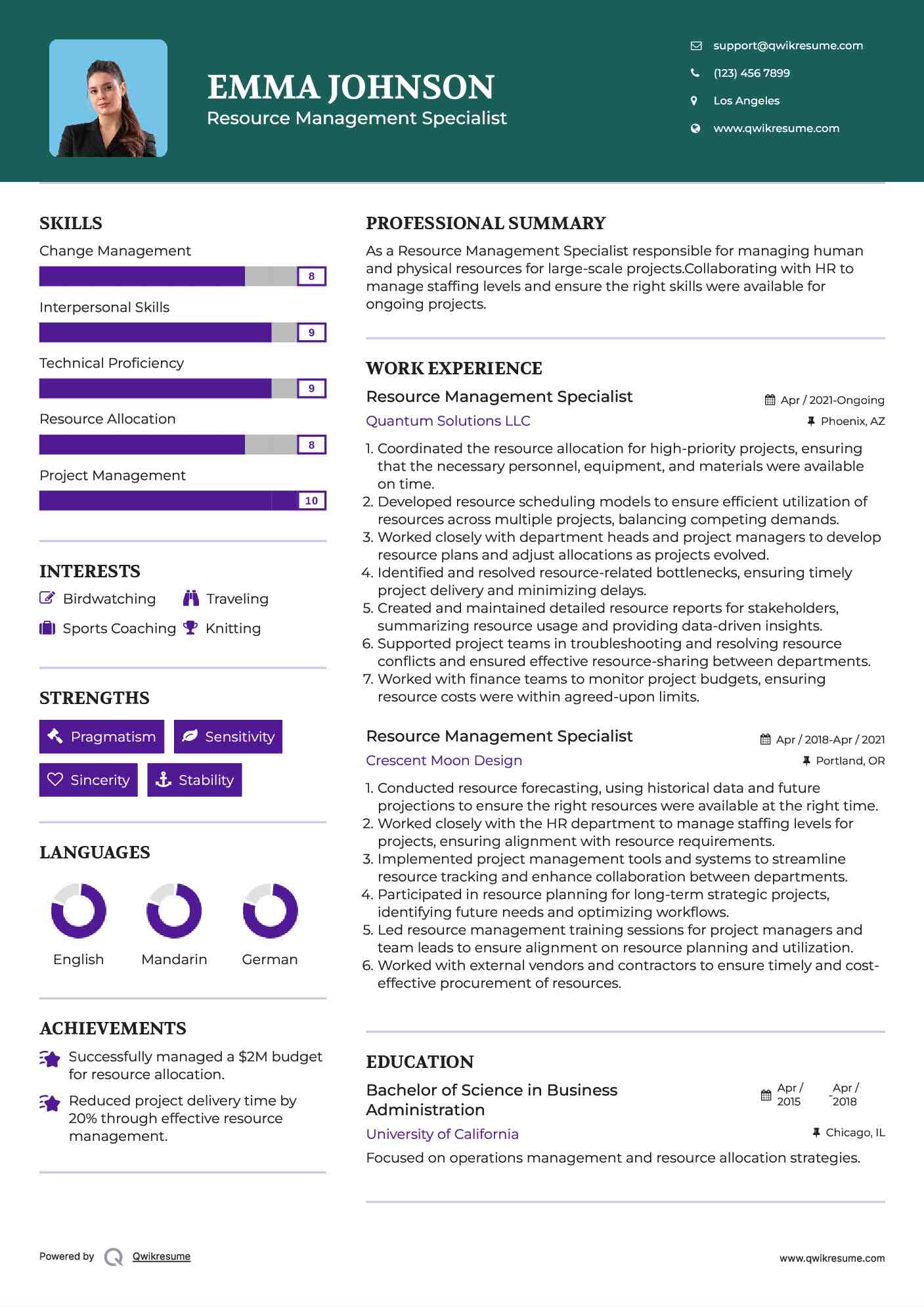Resource Management Specialist Resume Sample