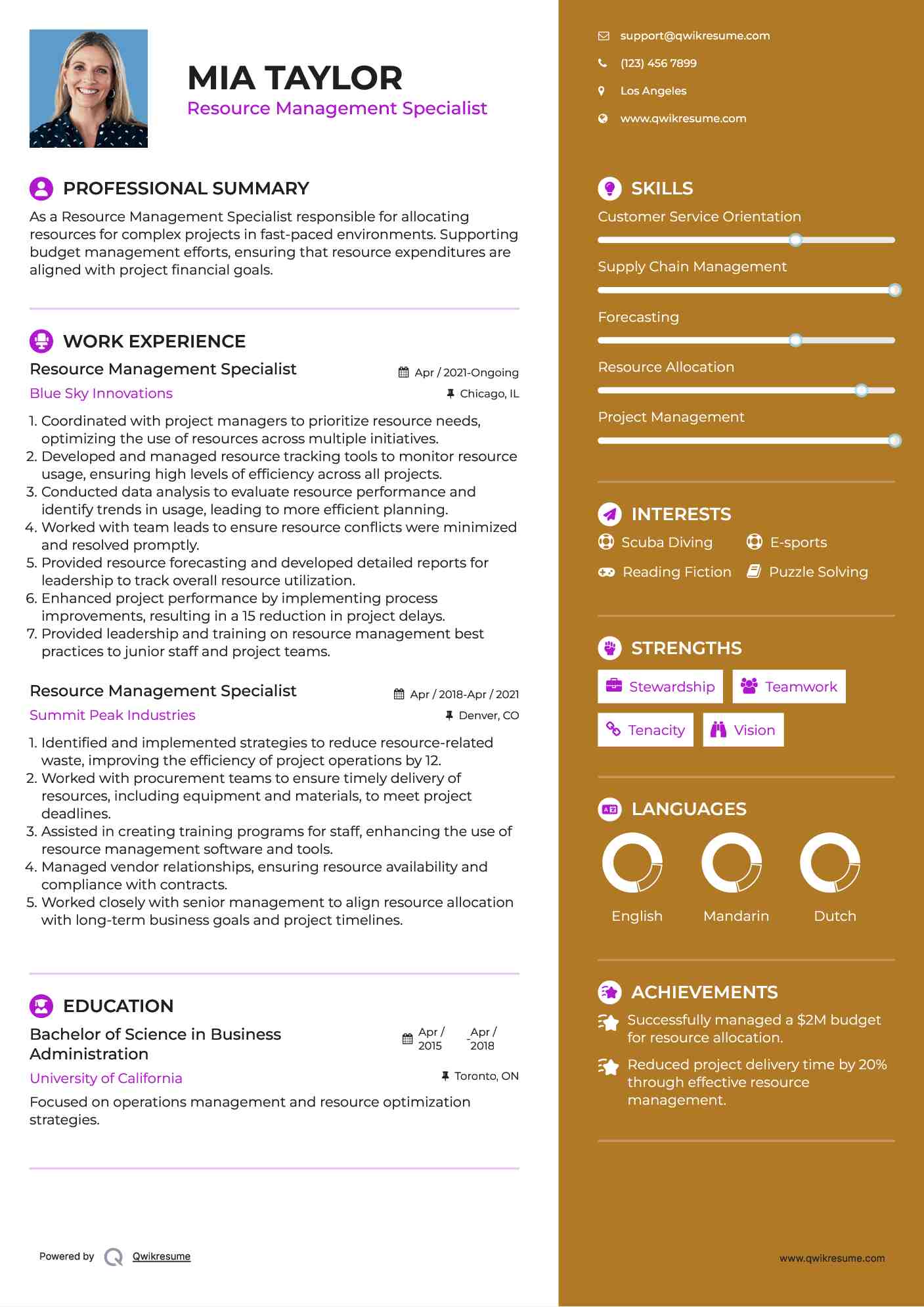 Resource Management Specialist Resume Example
