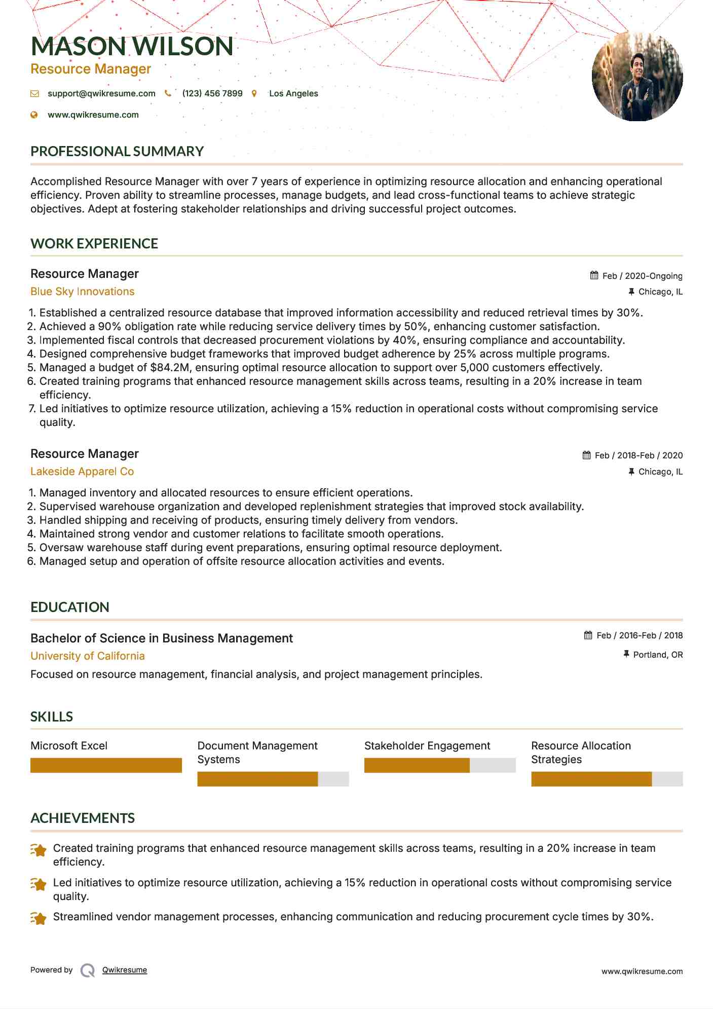 Resource Manager Resume Model