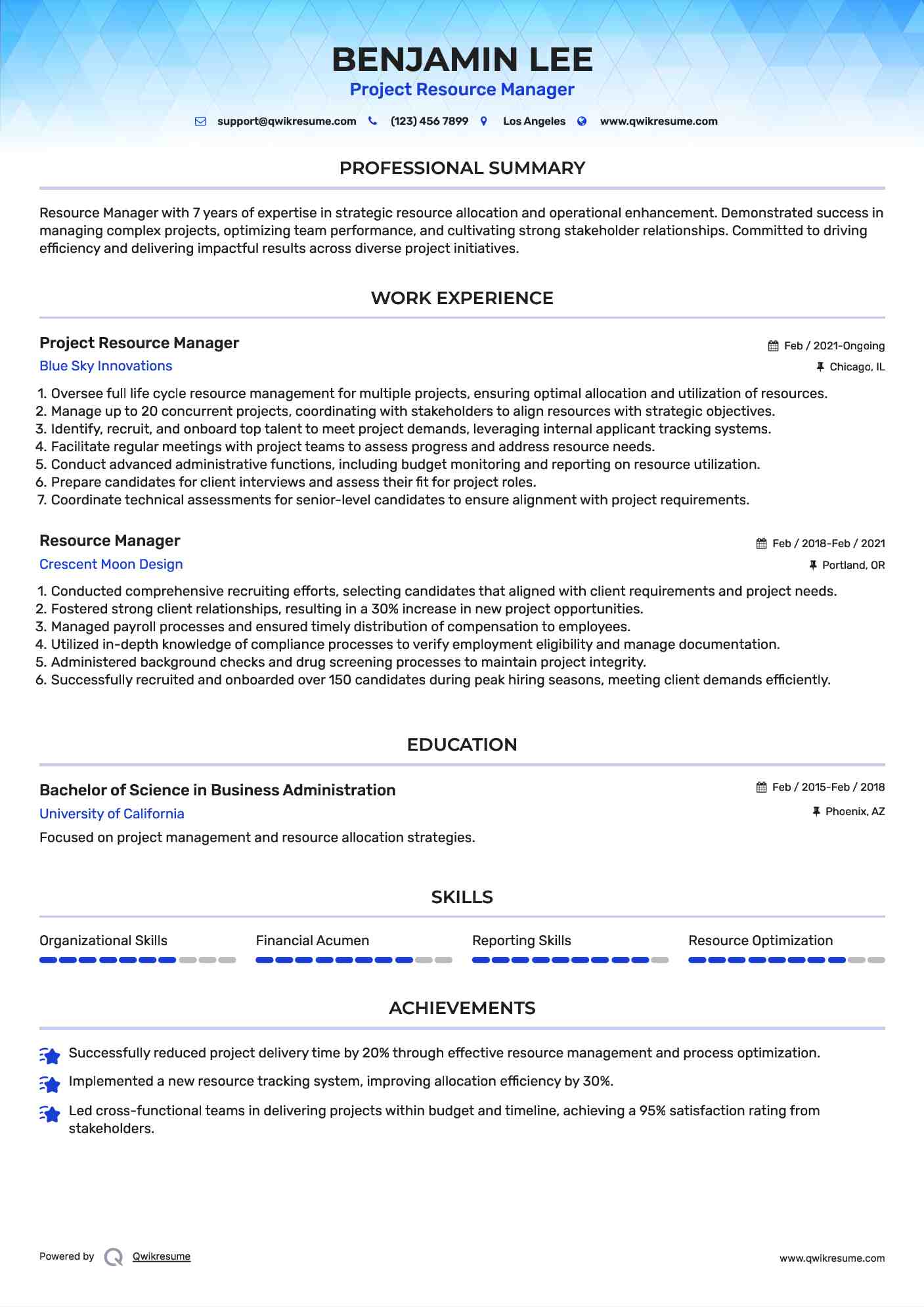 Project Resource Manager Resume Sample