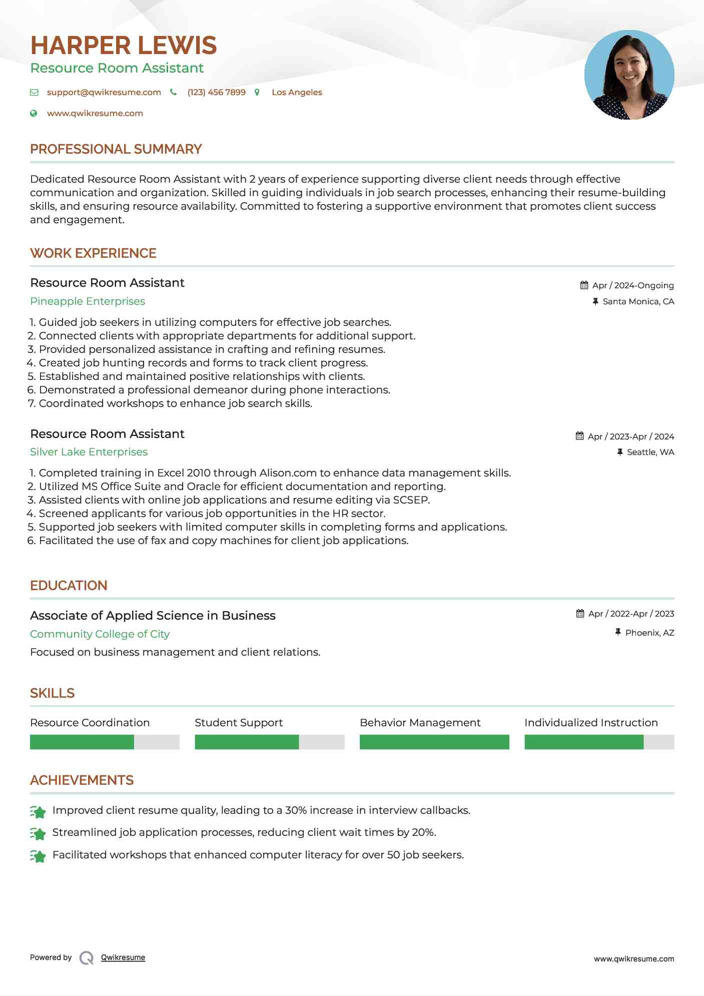 Resource Room Assistant Resume Model