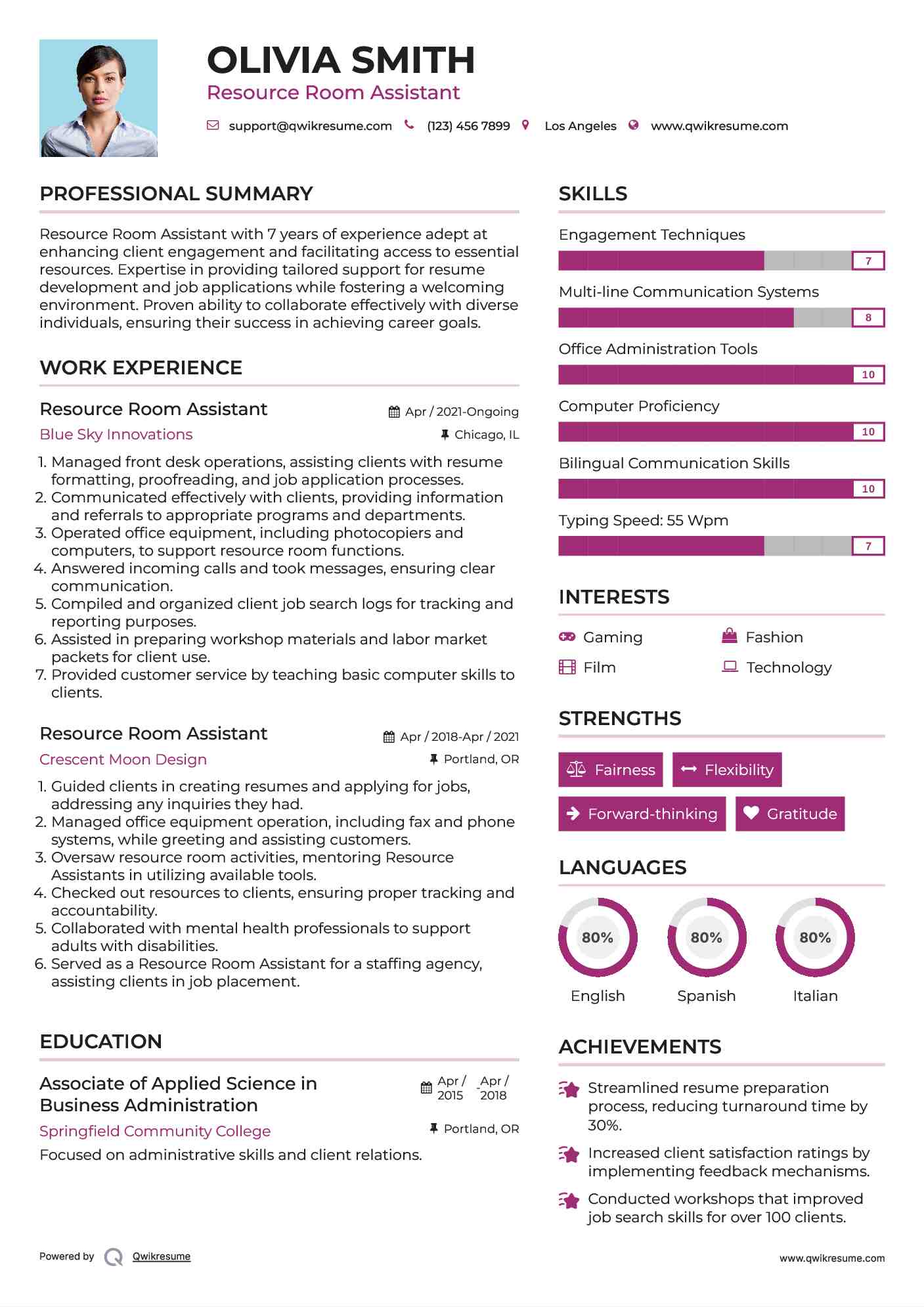 Resource Room Assistant Resume Example