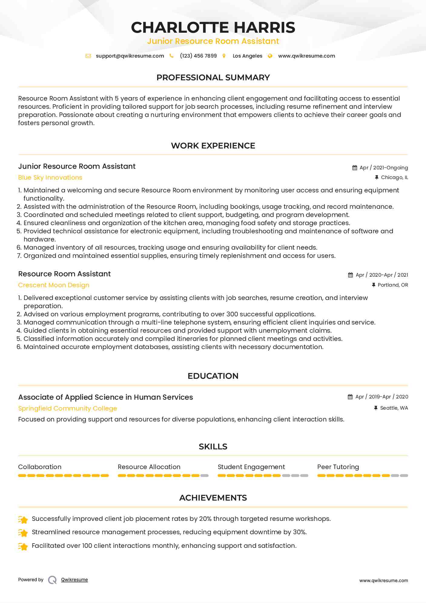 Junior Resource Room Assistant Resume Template