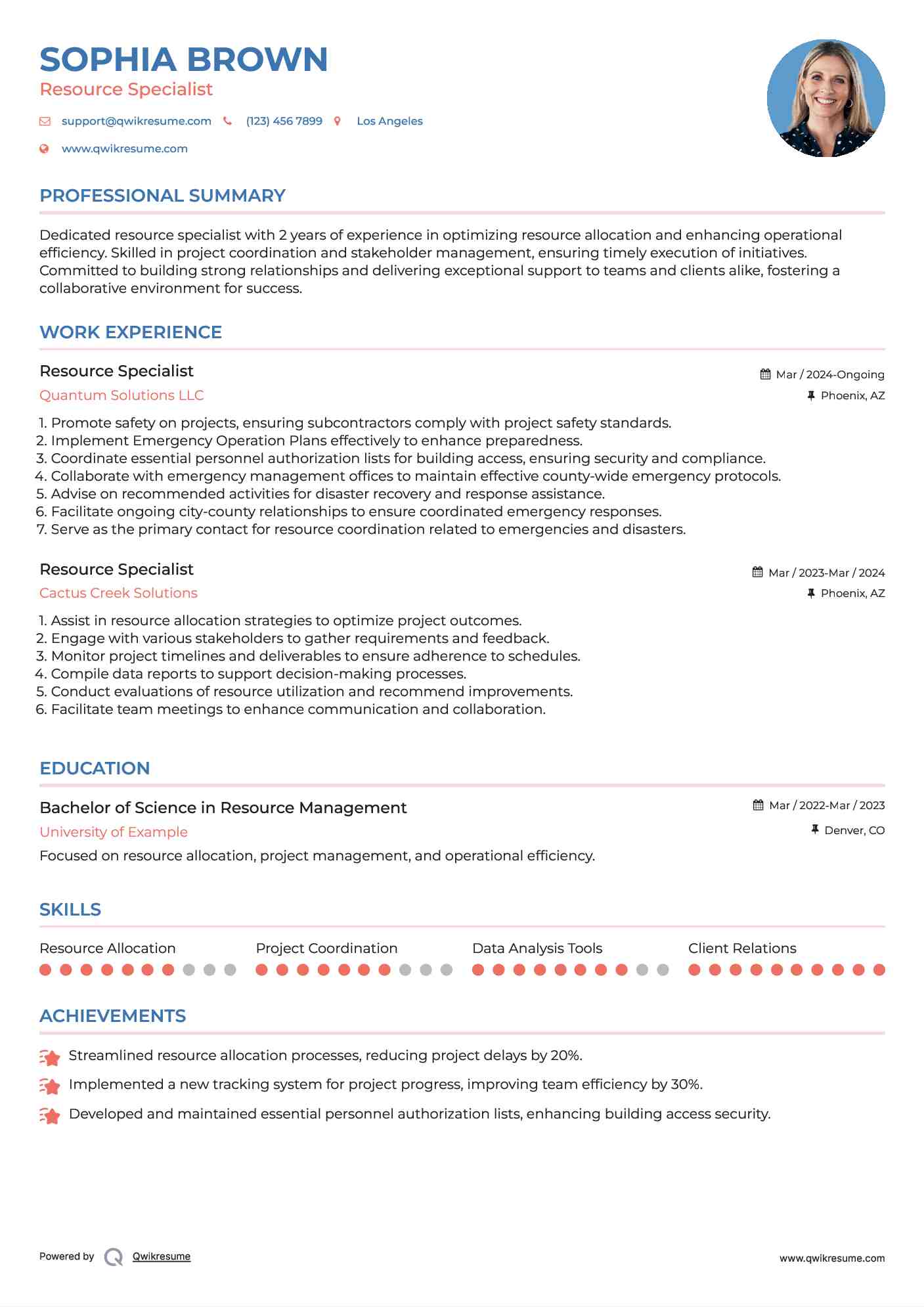 Resource Specialist Resume Model