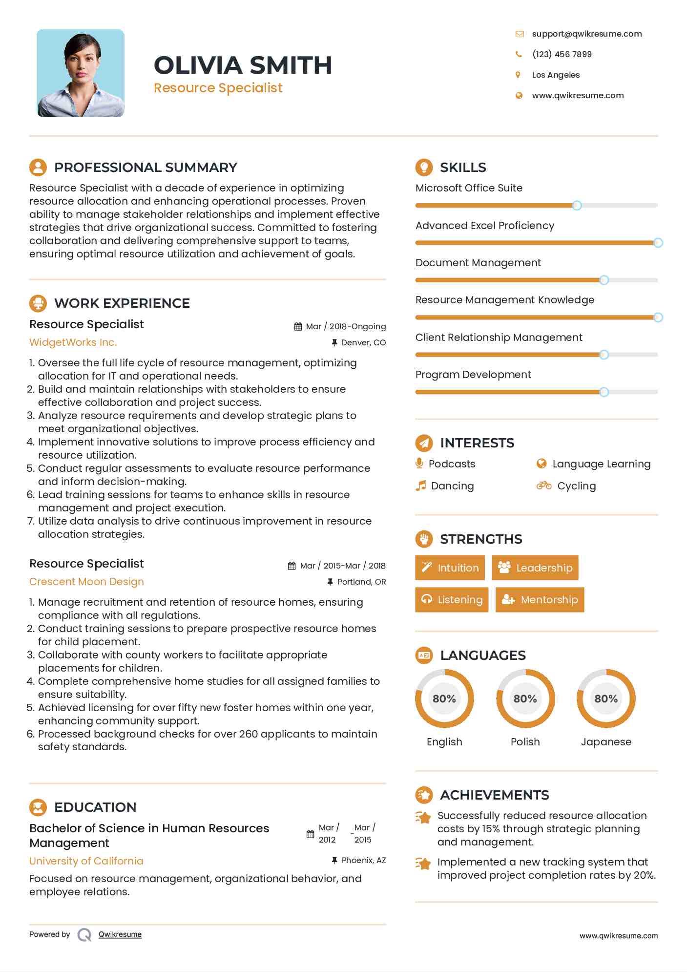 Resource Specialist Resume Example