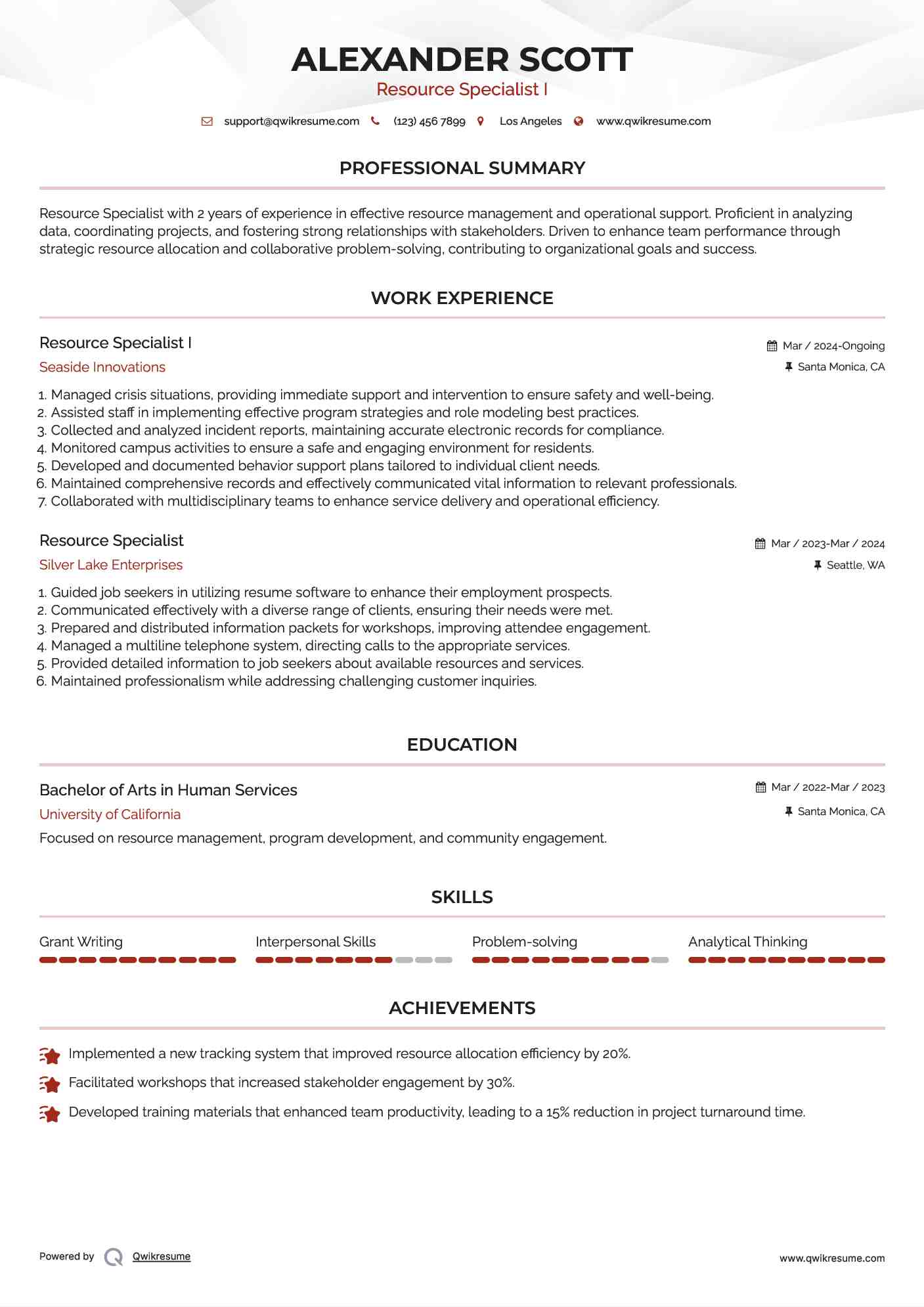 Resource Specialist I Resume Template
