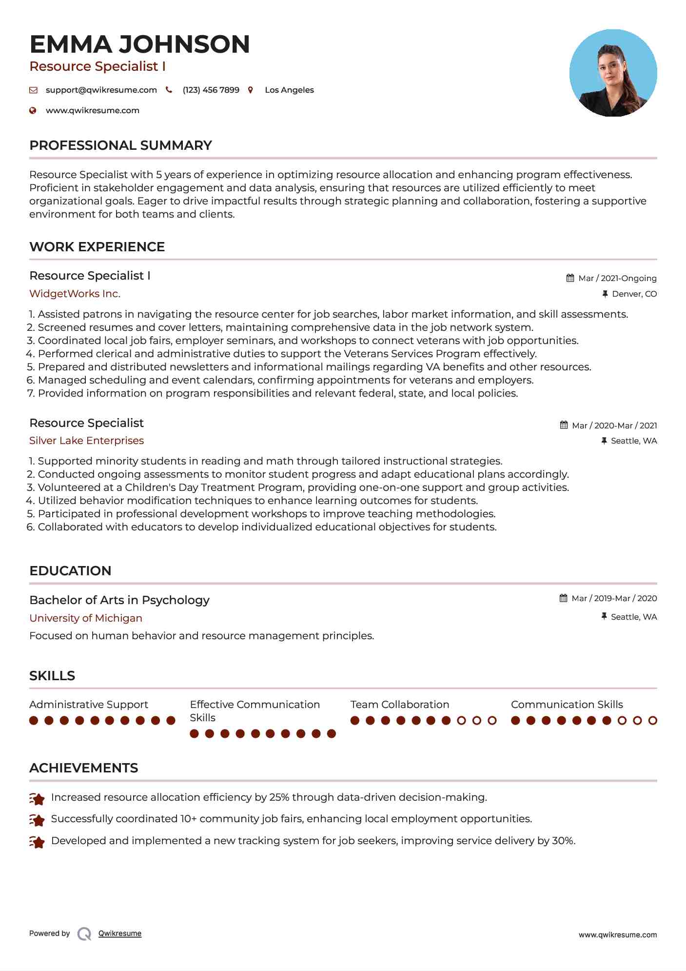 Resource Specialist I Resume Sample
