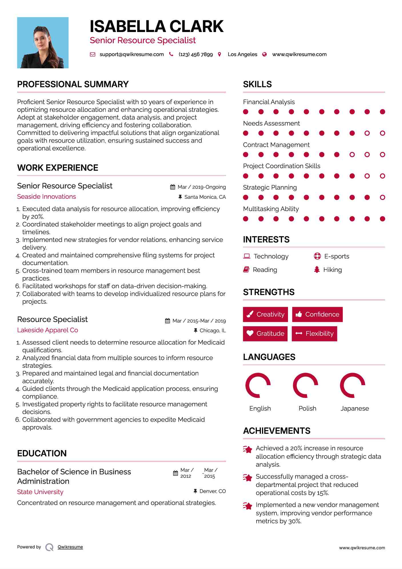 Senior Resource Specialist Resume Template