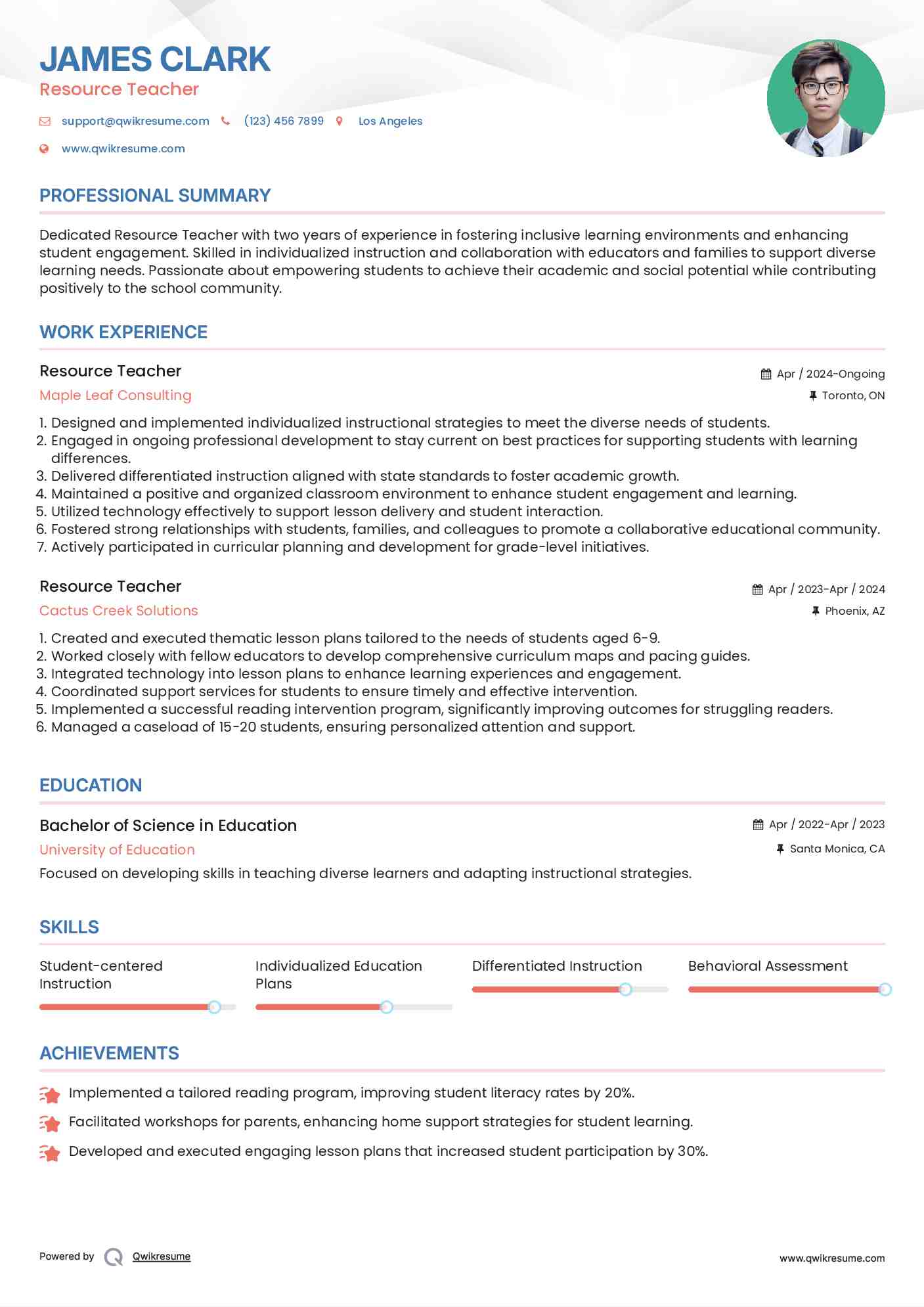 Resource Teacher Resume Example