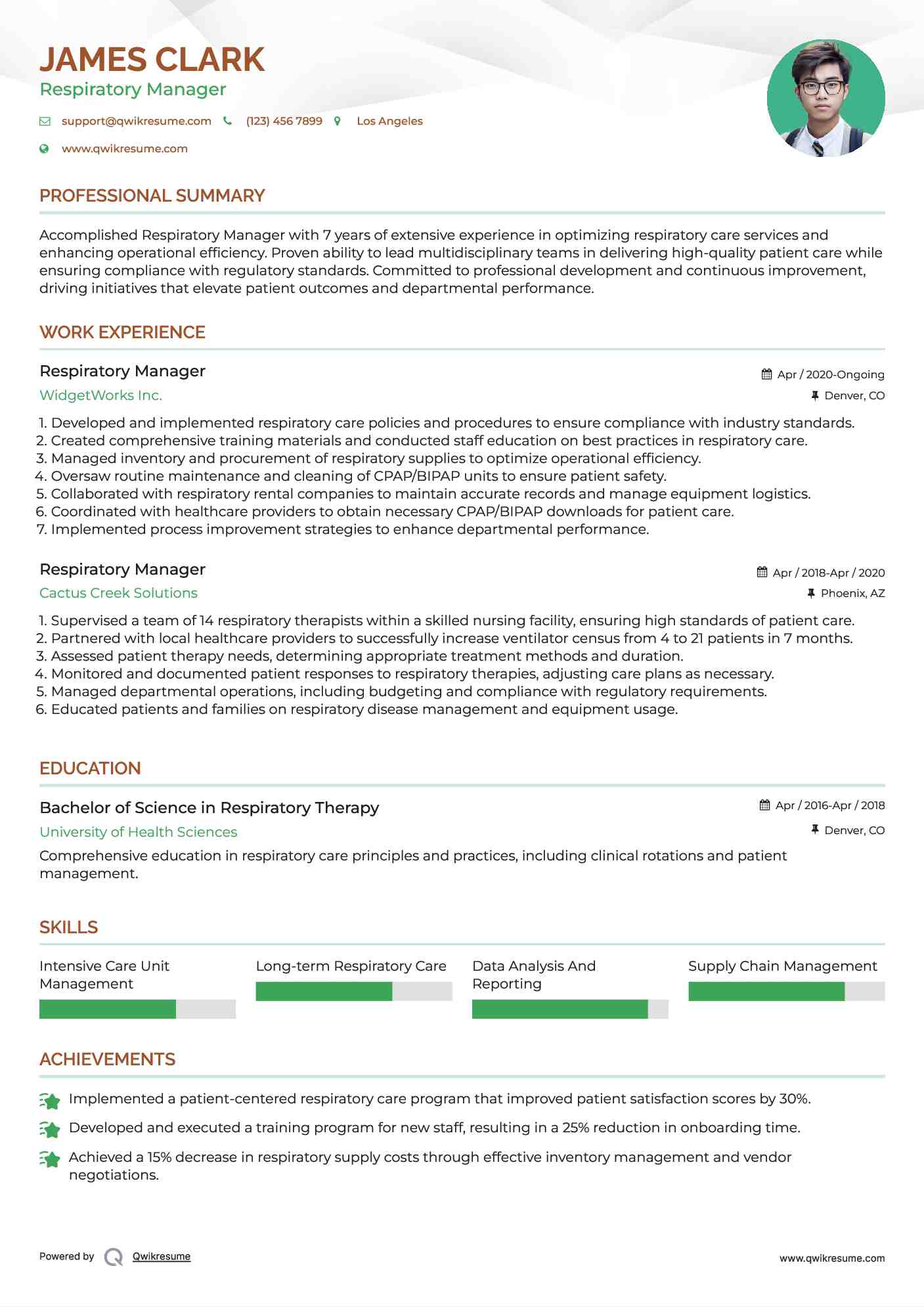 Respiratory Manager Resume Sample
