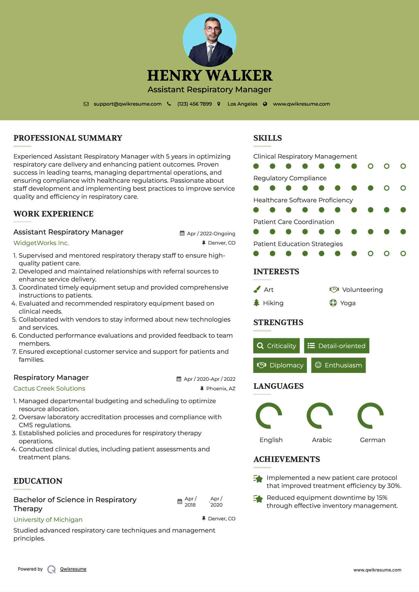 Assistant Respiratory Manager Resume Sample