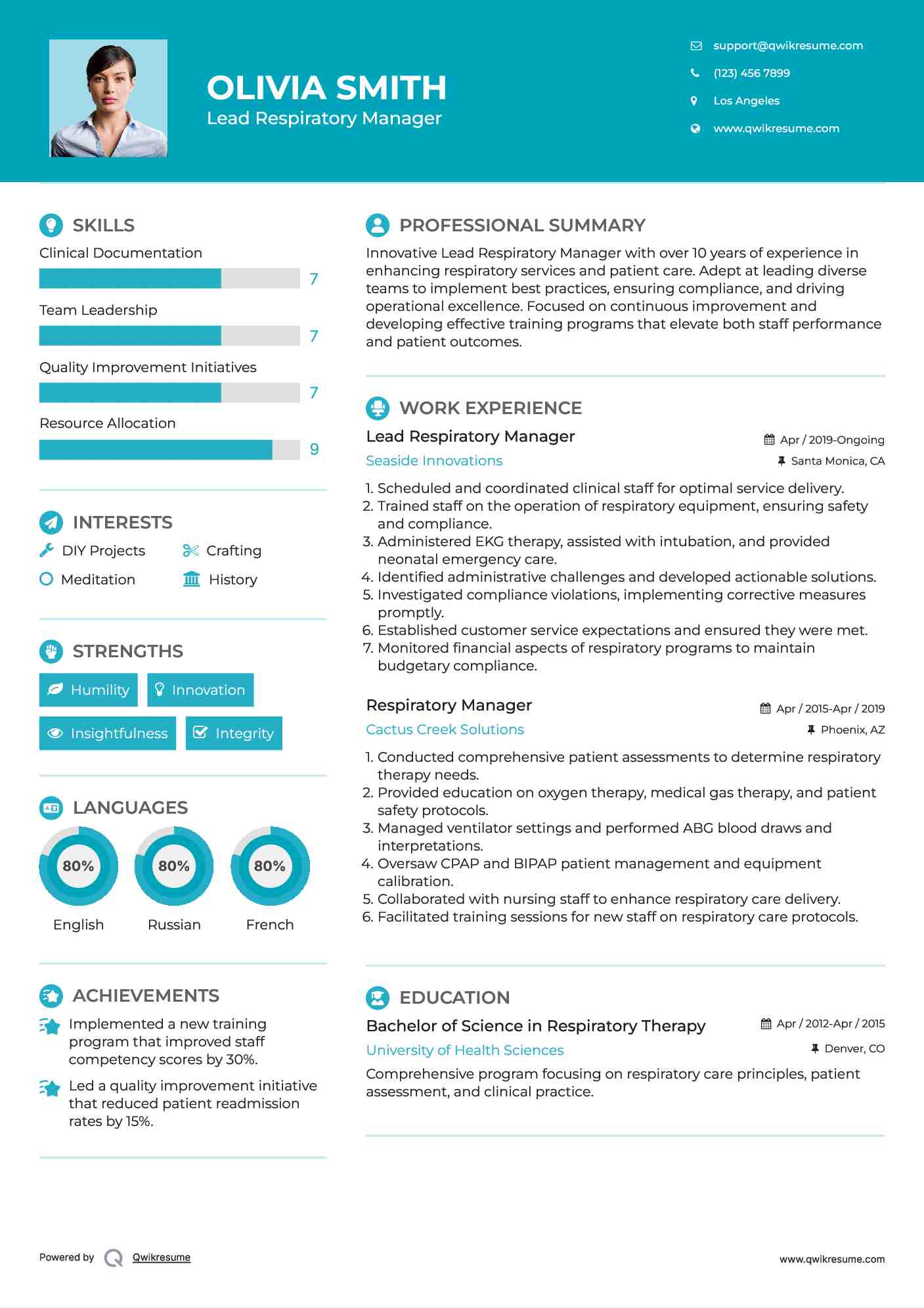 Lead Respiratory Manager Resume Example