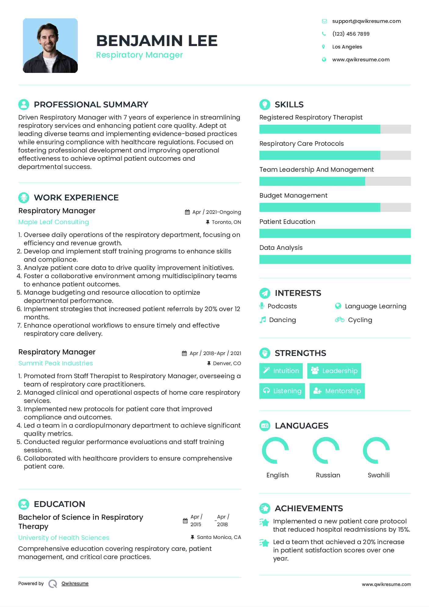 Respiratory Manager Resume Sample