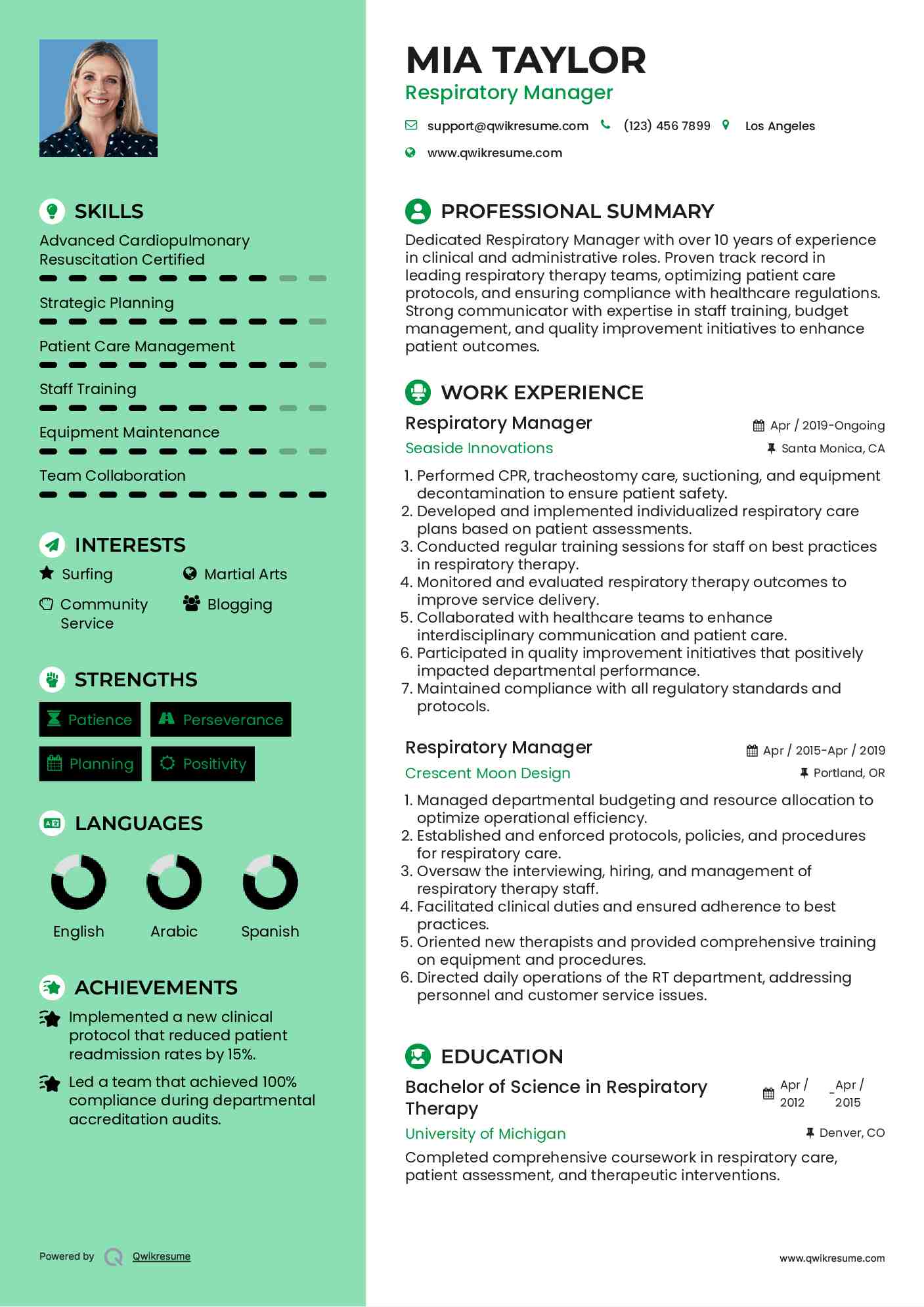 Respiratory Manager Resume Format