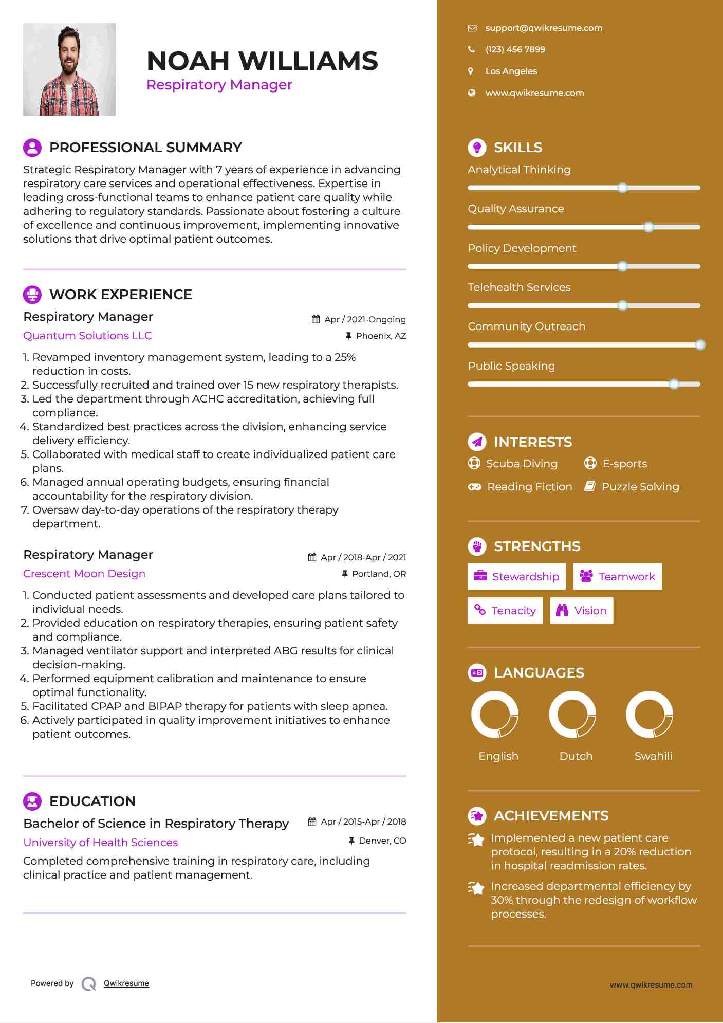 Respiratory Manager Resume Example