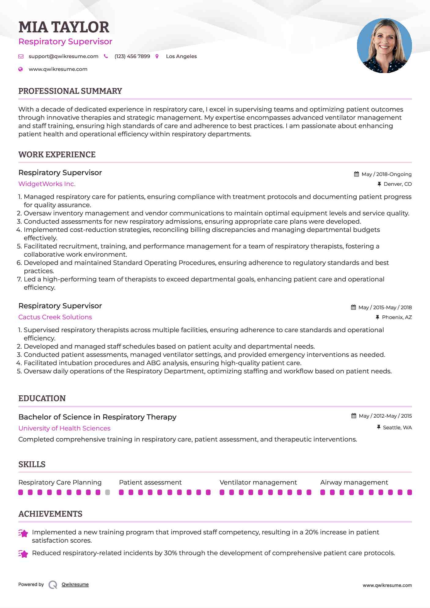 Respiratory Supervisor Resume Sample