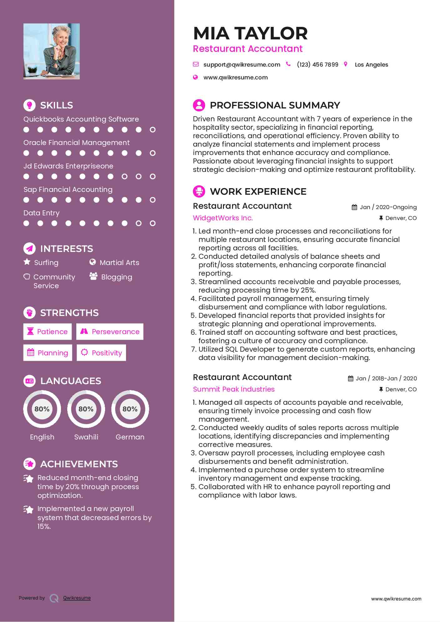 Restaurant Accountant Resume Model