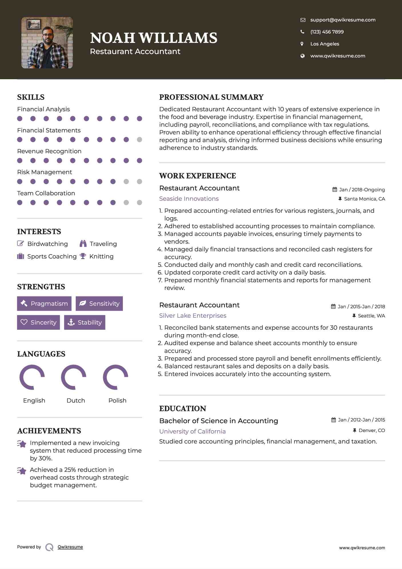 Restaurant Accountant Resume Example