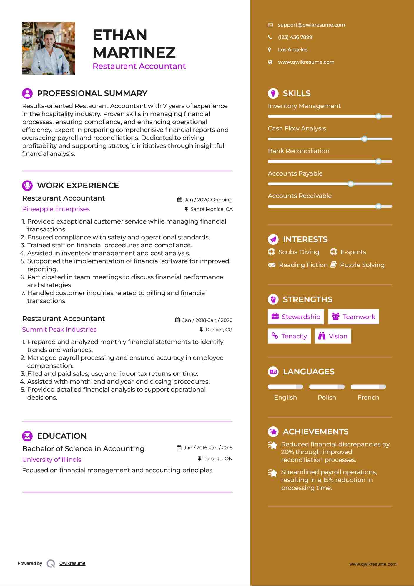 Restaurant Accountant Resume Example