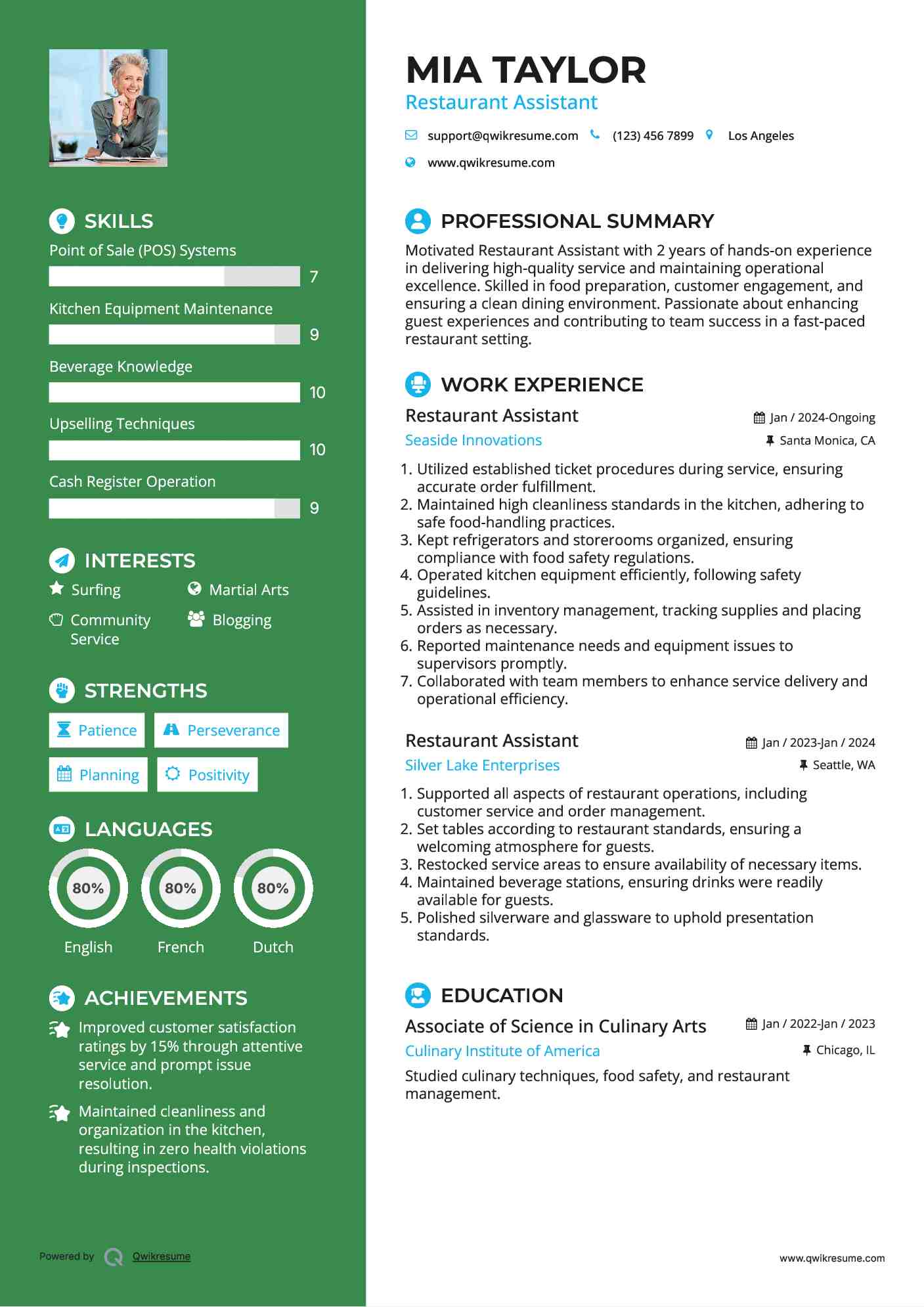 Restaurant Assistant Resume Model