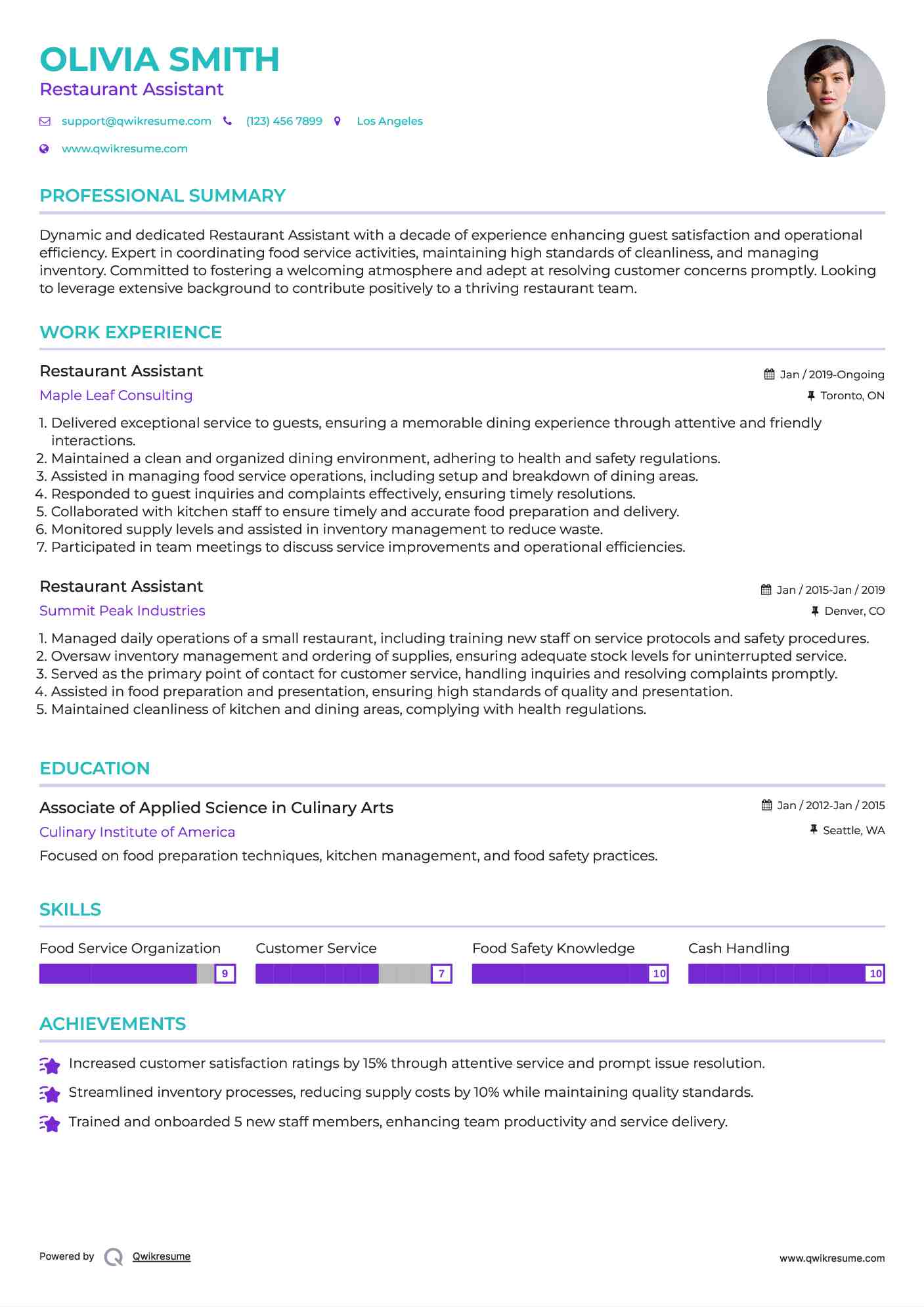 Restaurant Assistant Resume Sample