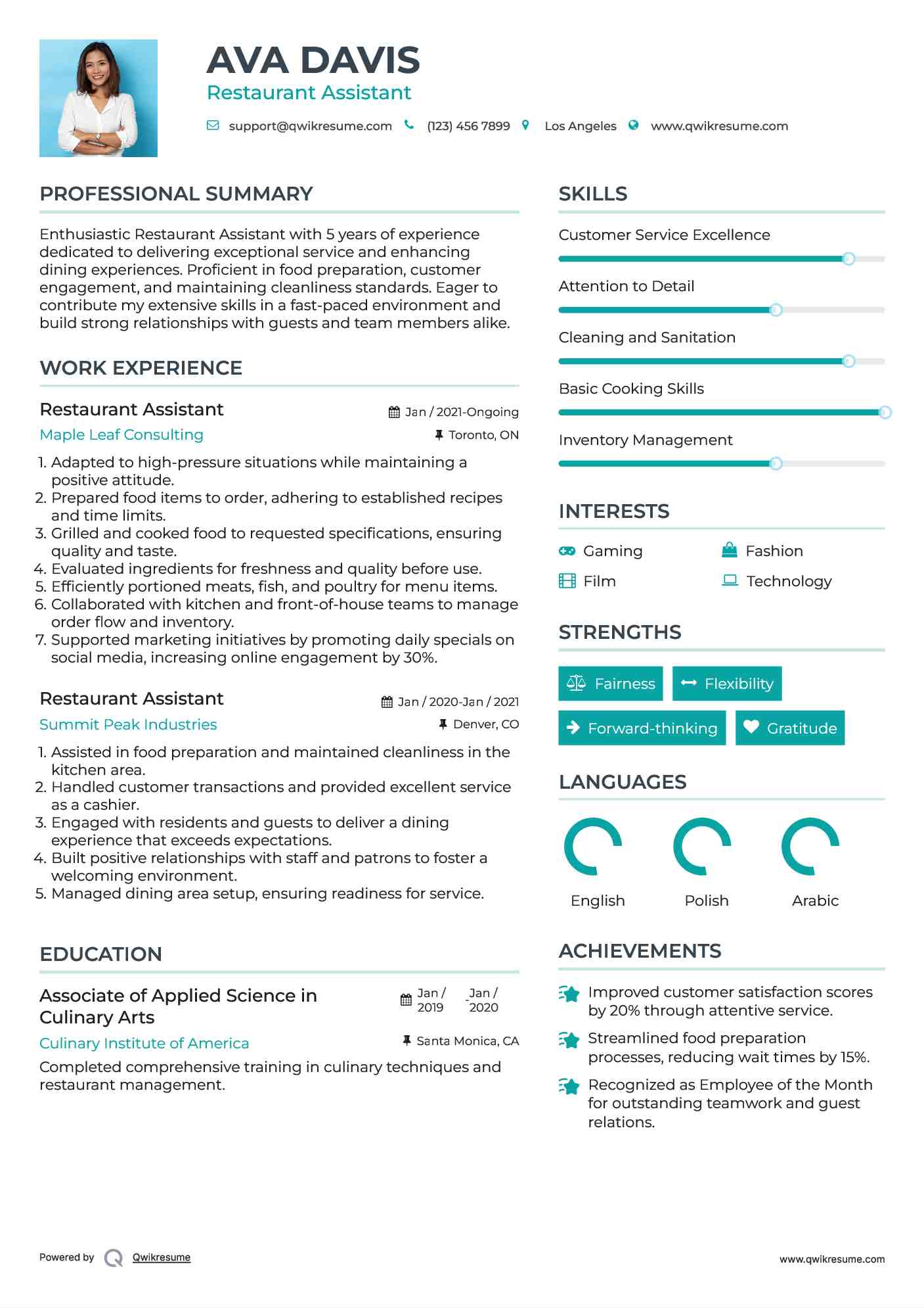 Restaurant Assistant Resume Template