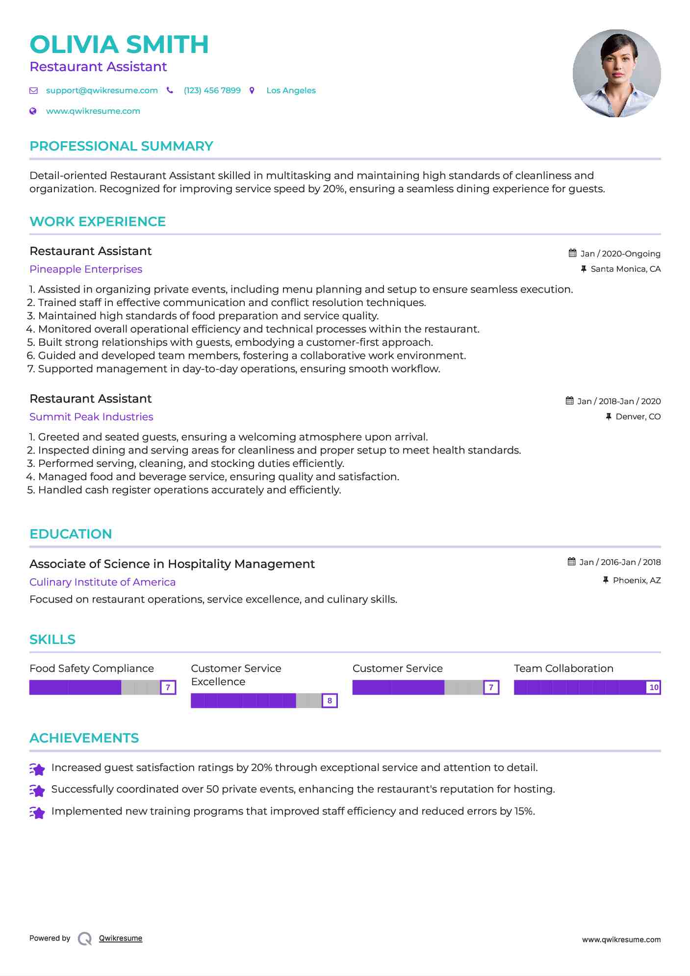 Restaurant Assistant Resume Sample