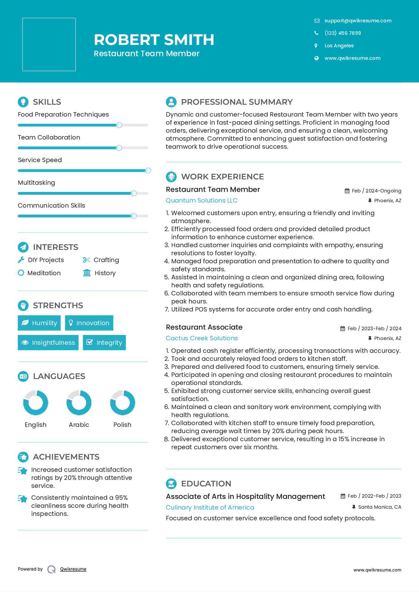 Restaurant Team Member Resume Model
