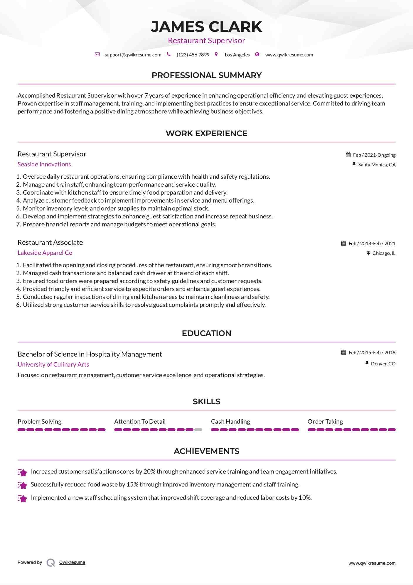 Restaurant Supervisor Resume Template