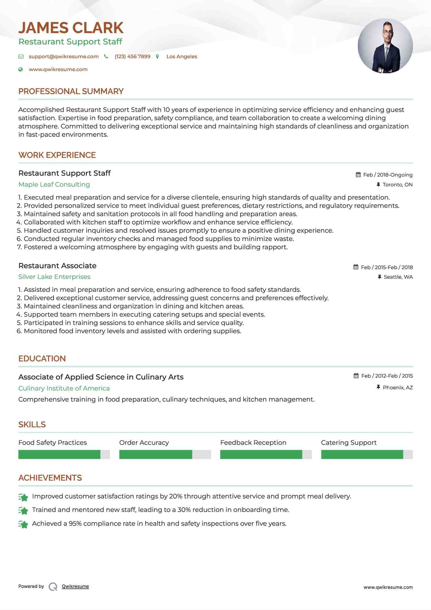 Restaurant Support Staff Resume Example