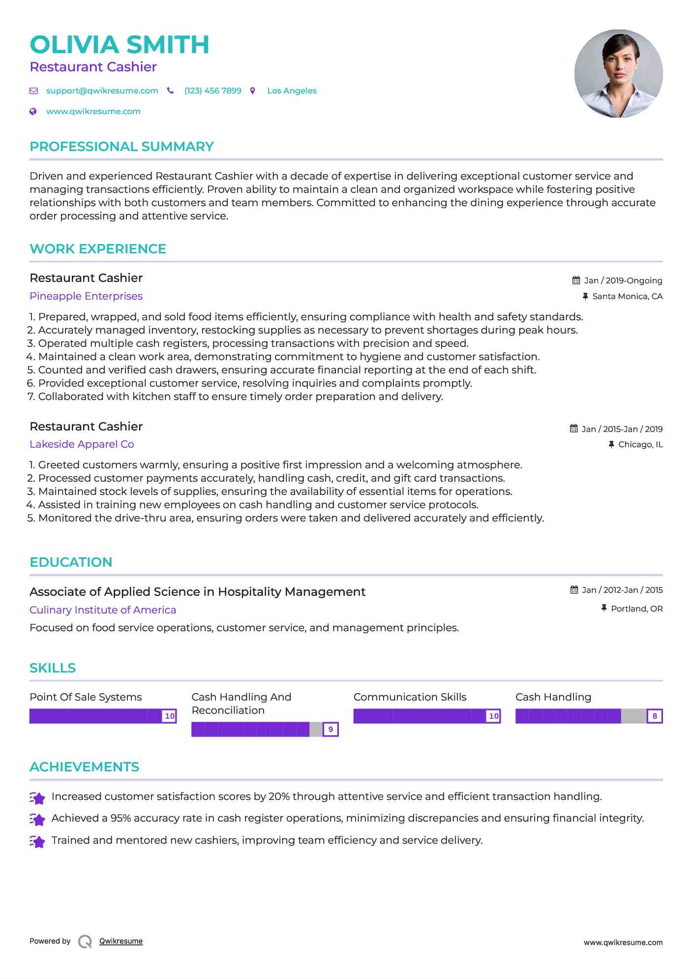 Restaurant Cashier Resume Template