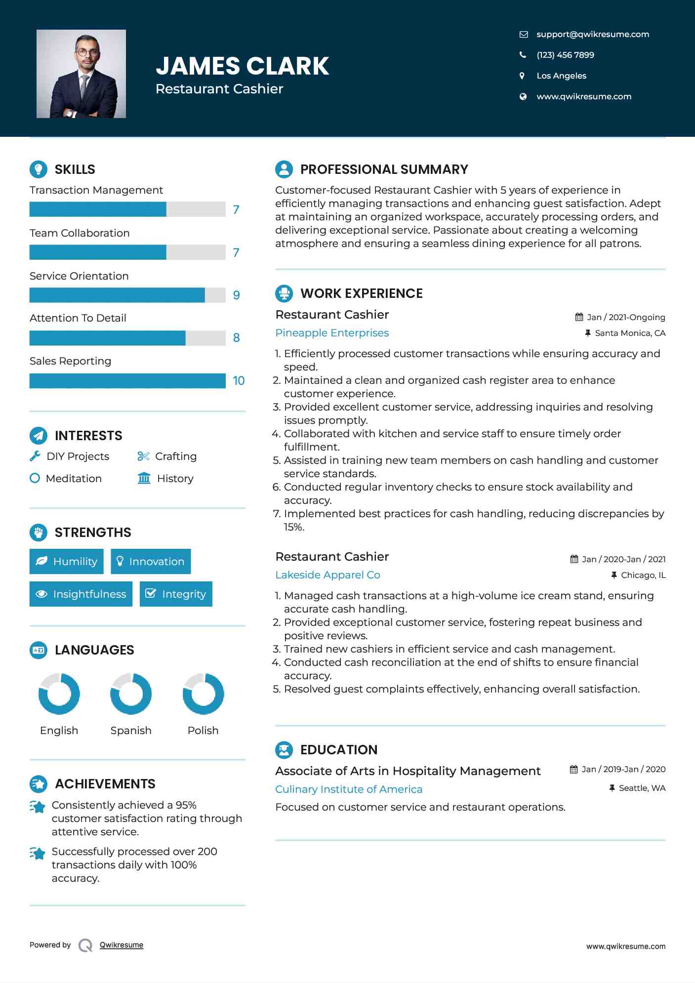 Restaurant Cashier Resume Model