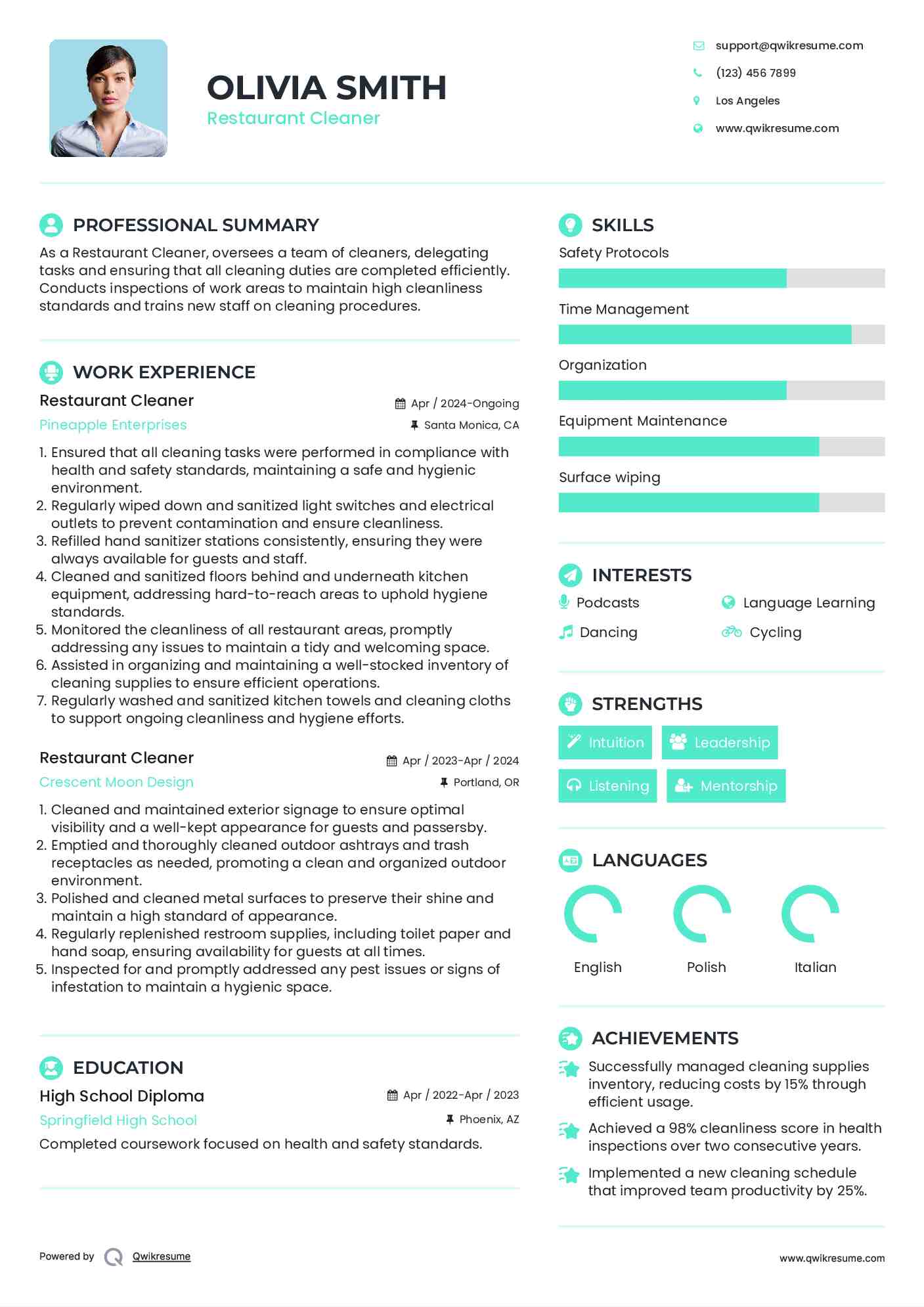 Restaurant Cleaner Resume Format