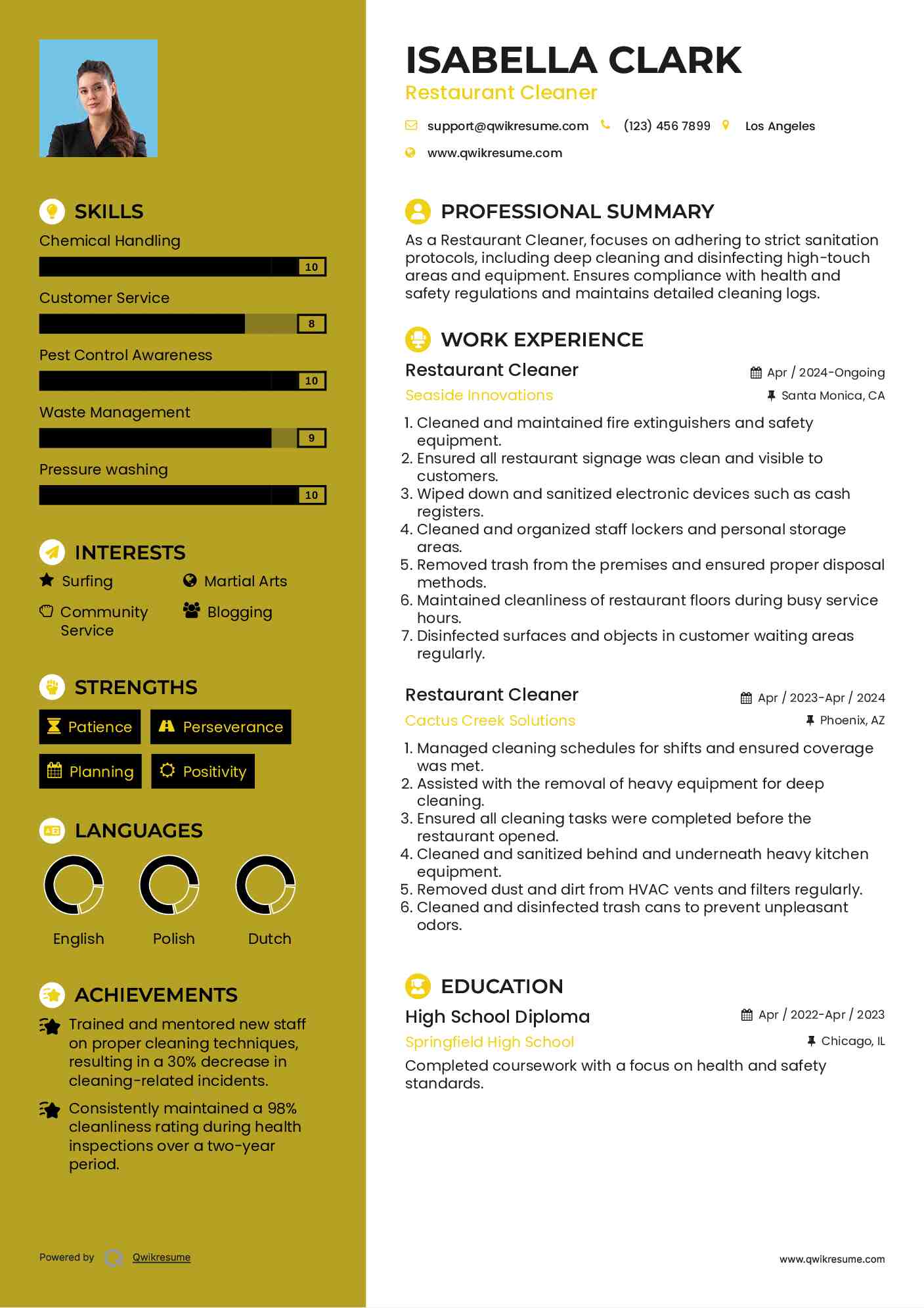 Restaurant Cleaner Resume Sample